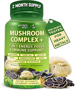 Organic Mushroom Complex Lions Mane, Turkey Tail, Cordyceps, Chaga, Contains Naturally Occurring Beta Glucans - Organic Energy & Immune Support Blend Rhodiola Rosea, Ginseng & Acerola Cherry 120Ct