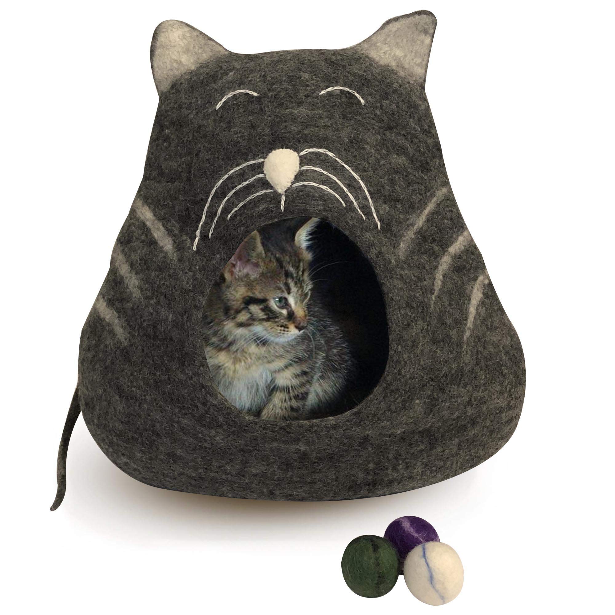 Genuine Felt Cat Bed Cave, Handmade in Nepal with 100% All Natural Wool, Super Soft Pods for Kittens and Cats (Charcoal Whiskers)
