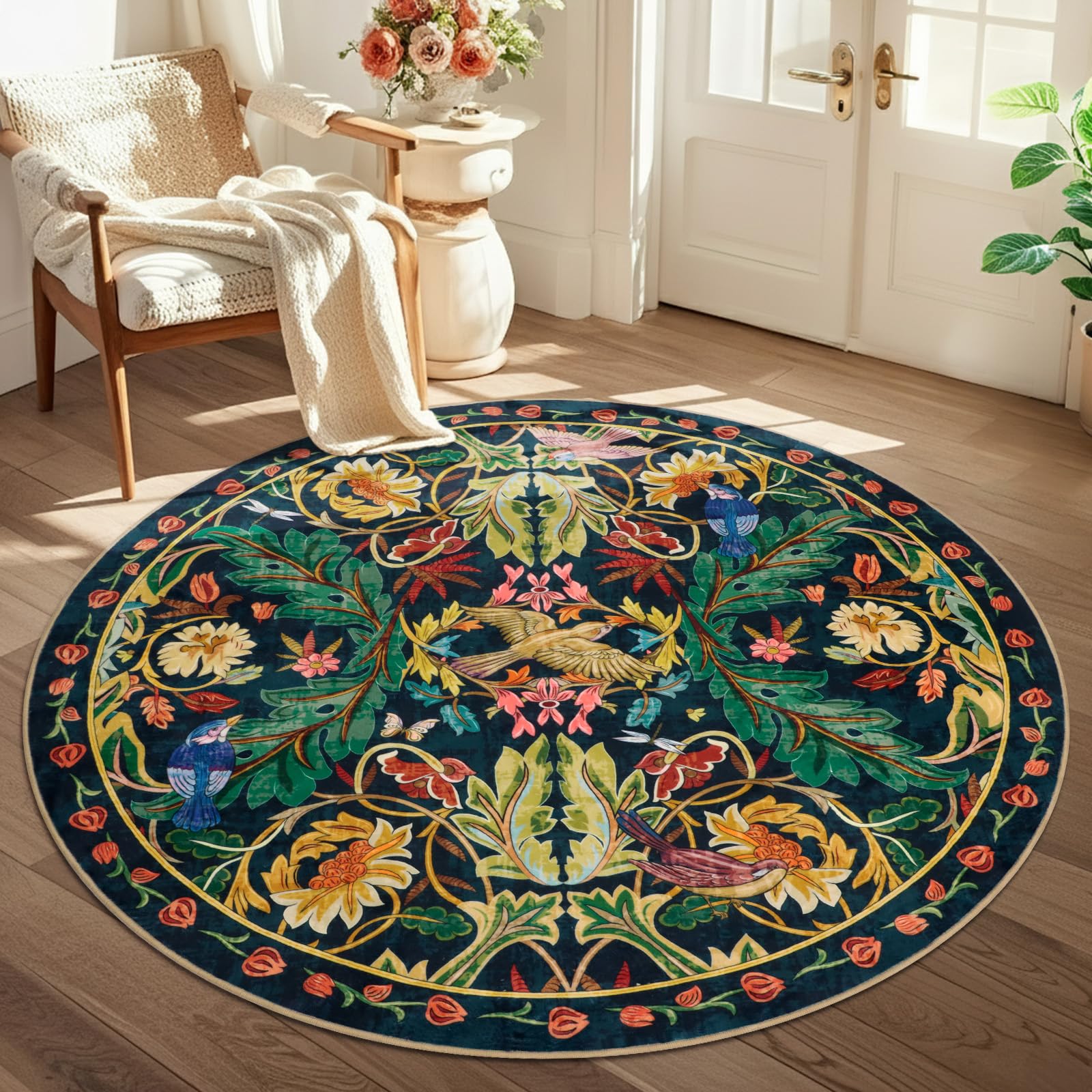 TUKDAK Round Rugs for Living Room 120cm, Boho Dark Blue Bird Washable Circle Area Rugs for Bedroom, Non Slip Non Shedding Soft Low Pile Animal Circular Carpet for Kids Room Kitchen Office Dining Room — image 1
