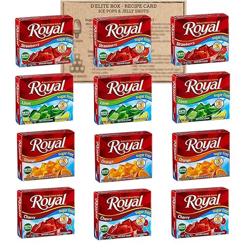 Royal Gelatin - Paquete variado de 12 unidades que contienen 3 cajas cada una de 4 sabores fresa, lima, naranja y cereza, compatible con la dieta