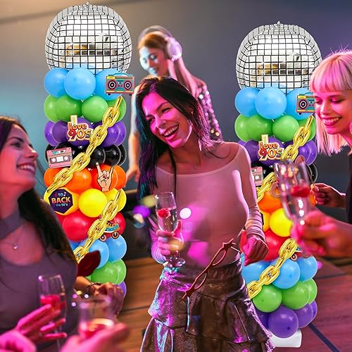 Miniatura 6 de Gejoy Juego de 2 soportes de columna de globos de los años 80 y 90 con 153 globos de discoteca, 19 tarjetas de los años 80 y 90, pilar de torre