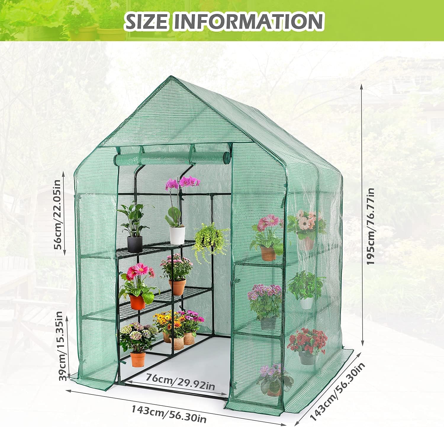 Walk-in Greenhouse - 3 Tiers 8 Shelves Plant Stands, Outdoor With Anchors Roll-up Zipper Door, Waterproof Gardening, PE Cover, 56"x56"x77"