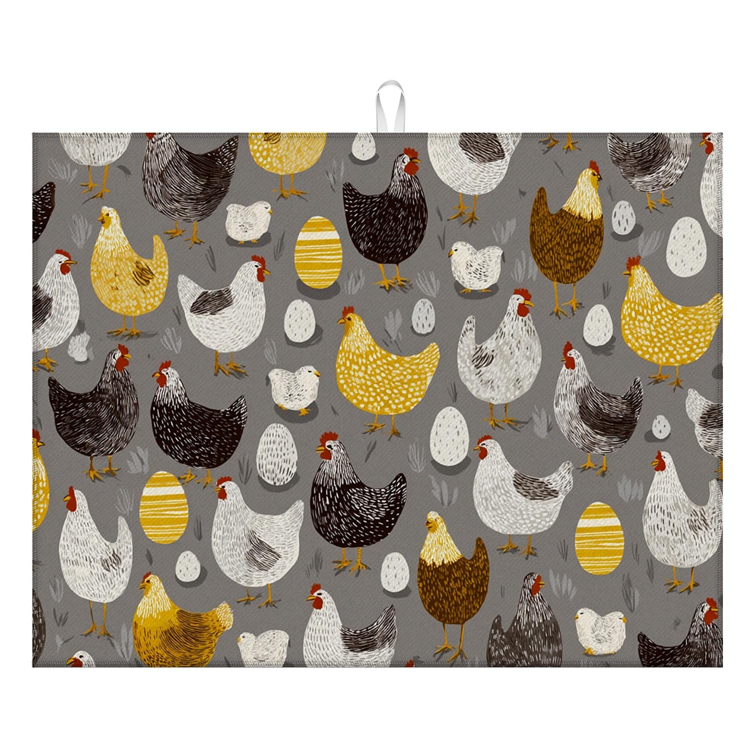 Kitchen Drying Mat 18x24 in Decorative Coffee Bar Mat for Kitchen Counter, Absorbent Dish Drying Mat with Pattern Kitchen Decor Countertop Protector for Coffee Station Sink Area-Farmhouse Chicken