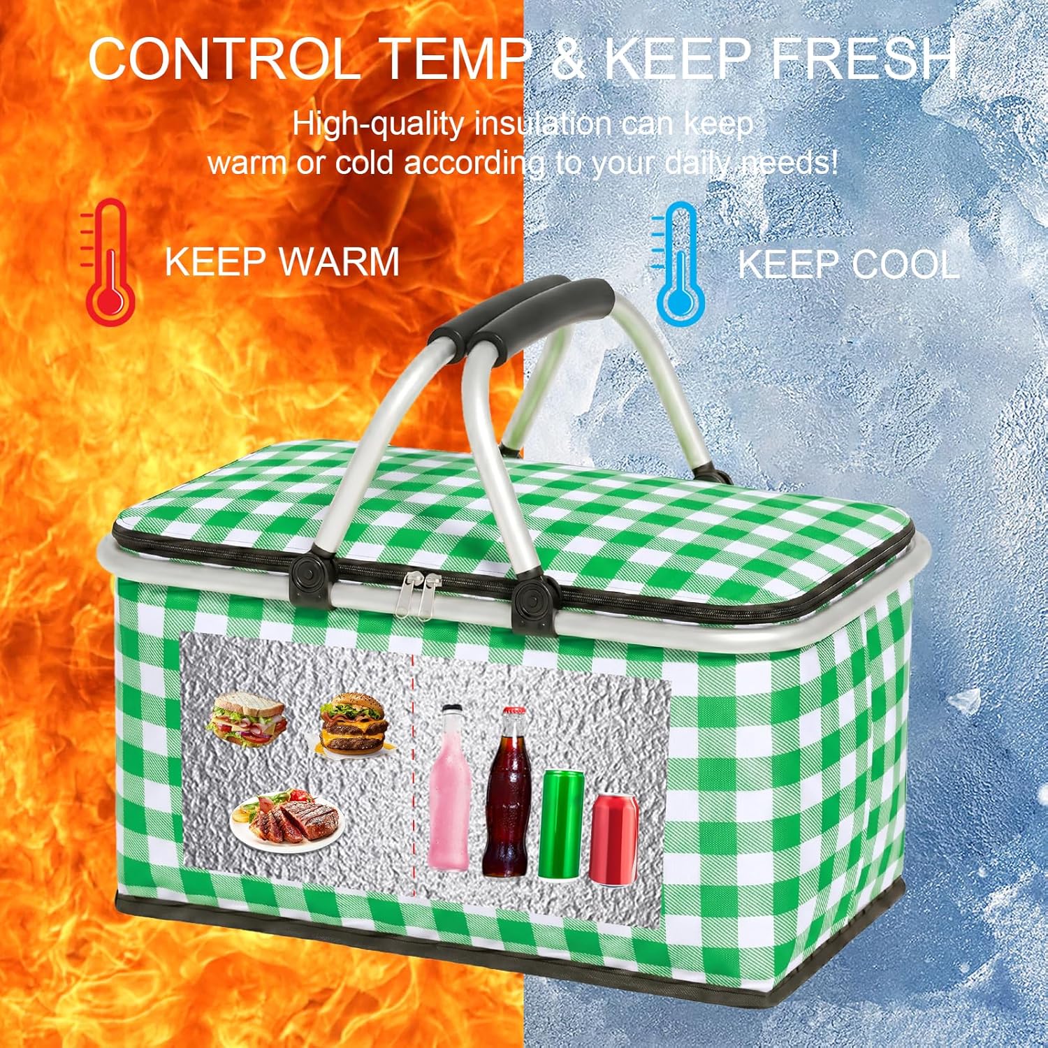 Insulated Picnic Basket,Collapsible Picnic Basket,30L Large Market Basket with Lid,2 Sturdy Handles,Storage Basket for Picnic,for Food Delivery,Take Outs,Market Shopping,Travel(Green Grid)