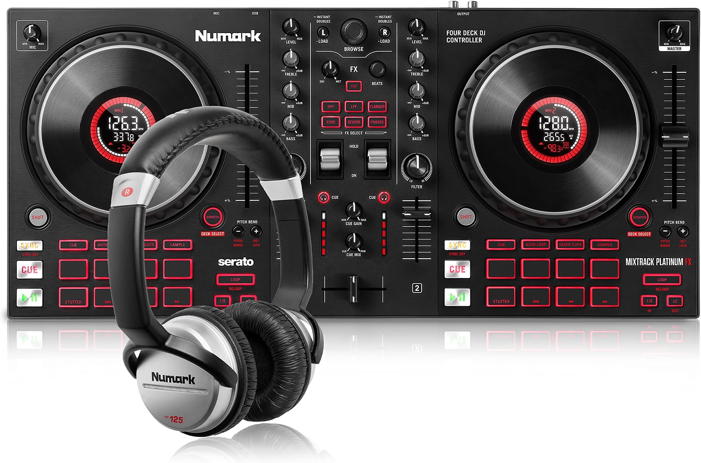 Mixtrack Platinum FX + Numark HF125 – 4-Deck DJ Controller for Serato DJ + Ultra-Portable Professional DJ Headphones