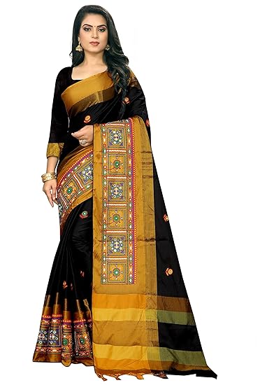 Women's Banarasi Cotton Silk Embroidered Work Saree With Blouse Piece