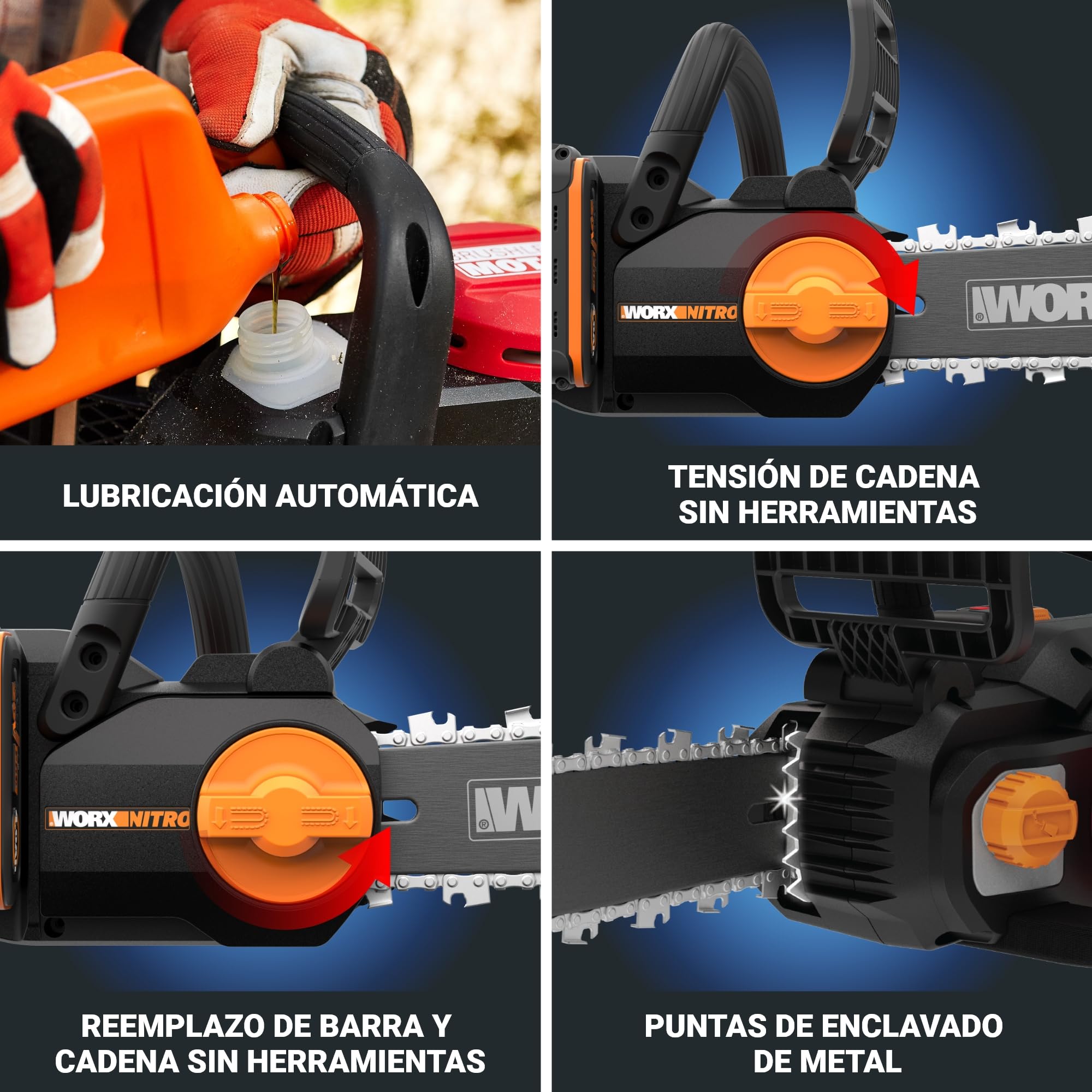 WORX WG350E.9 Nitro - Motosierra profesional con batería de 20 V, potente sierra para madera, 10 m/s, longitud de corte de 30 cm, compacta y segura, lubricación automática, tensión de cadena simple,
