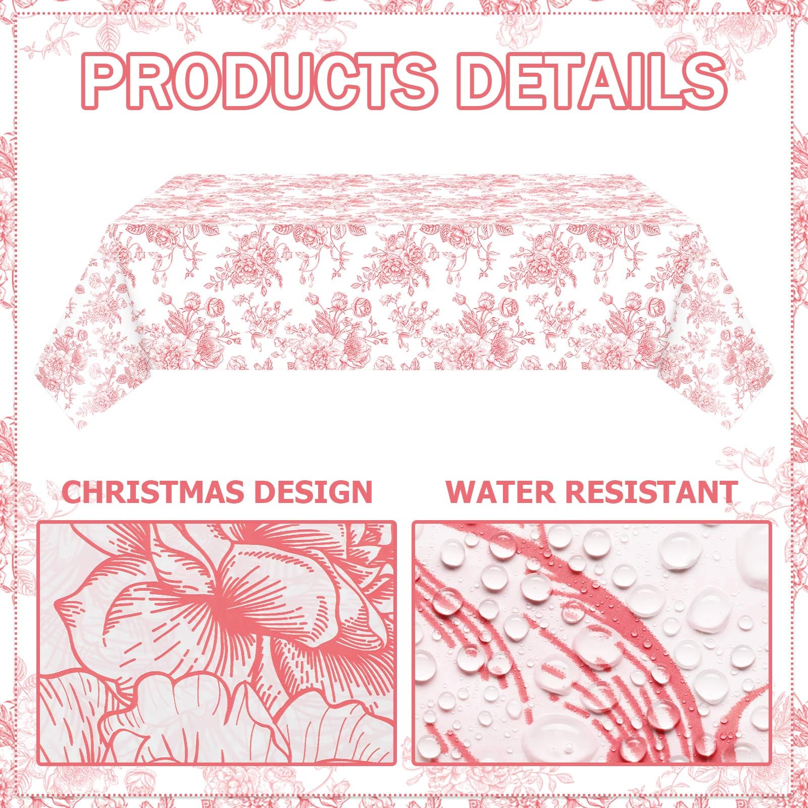 FuWeave 3 manteles desechables de flores rosas, centro de mesa de plástico, decoración de Navidad para cocina, jardín, fiesta de té, hogar, 137 x 274 cm