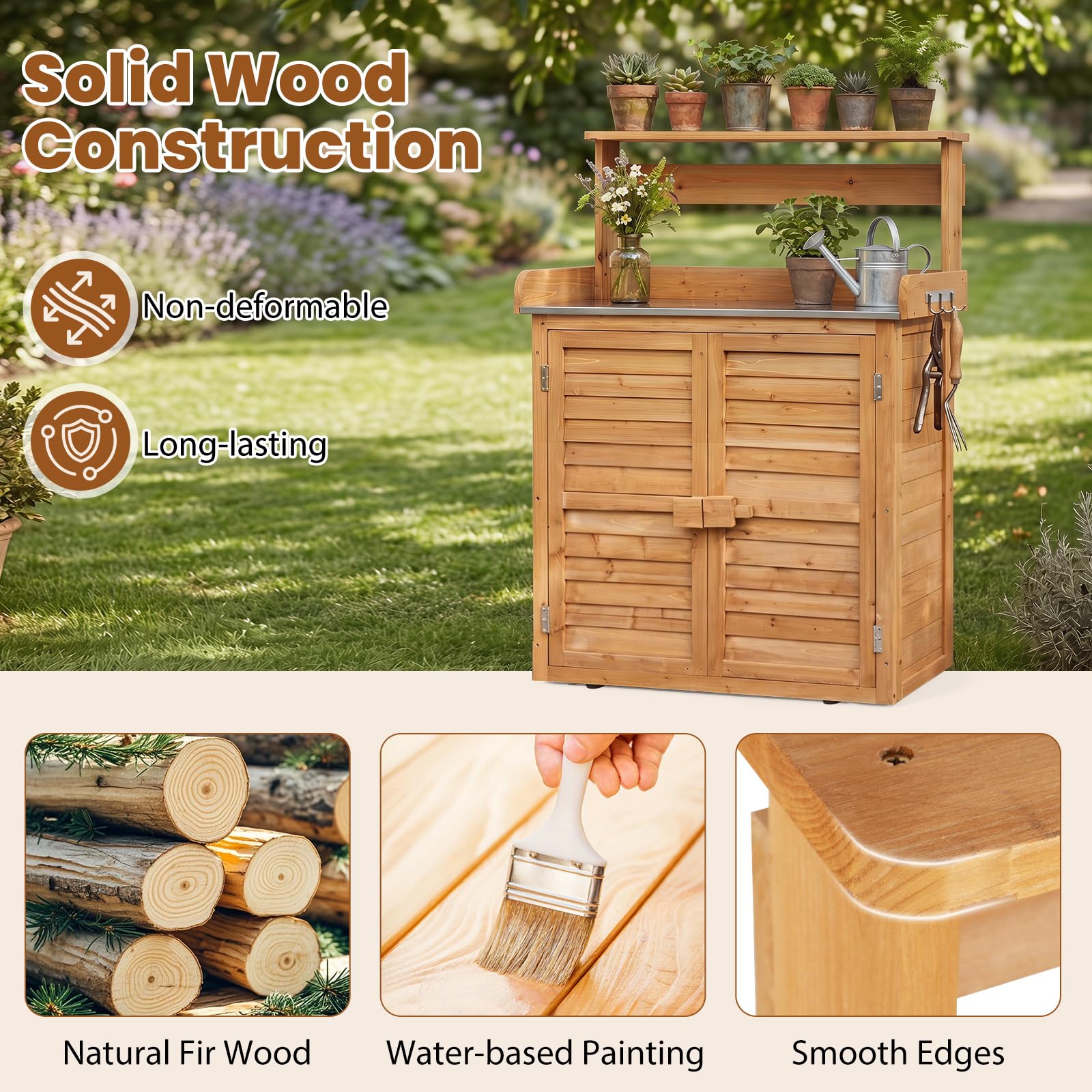 COSTWAY Pflanztisch Holz, wetterfester Gärtnertisch mit Unterschrank | Edelstahl Arbeitsplatte, oberes Regal & 3 Seitenhaken, Geräteschrank für Garten, Balkon & Terrasse, 87 x 45 x 120 cm (Gelb)