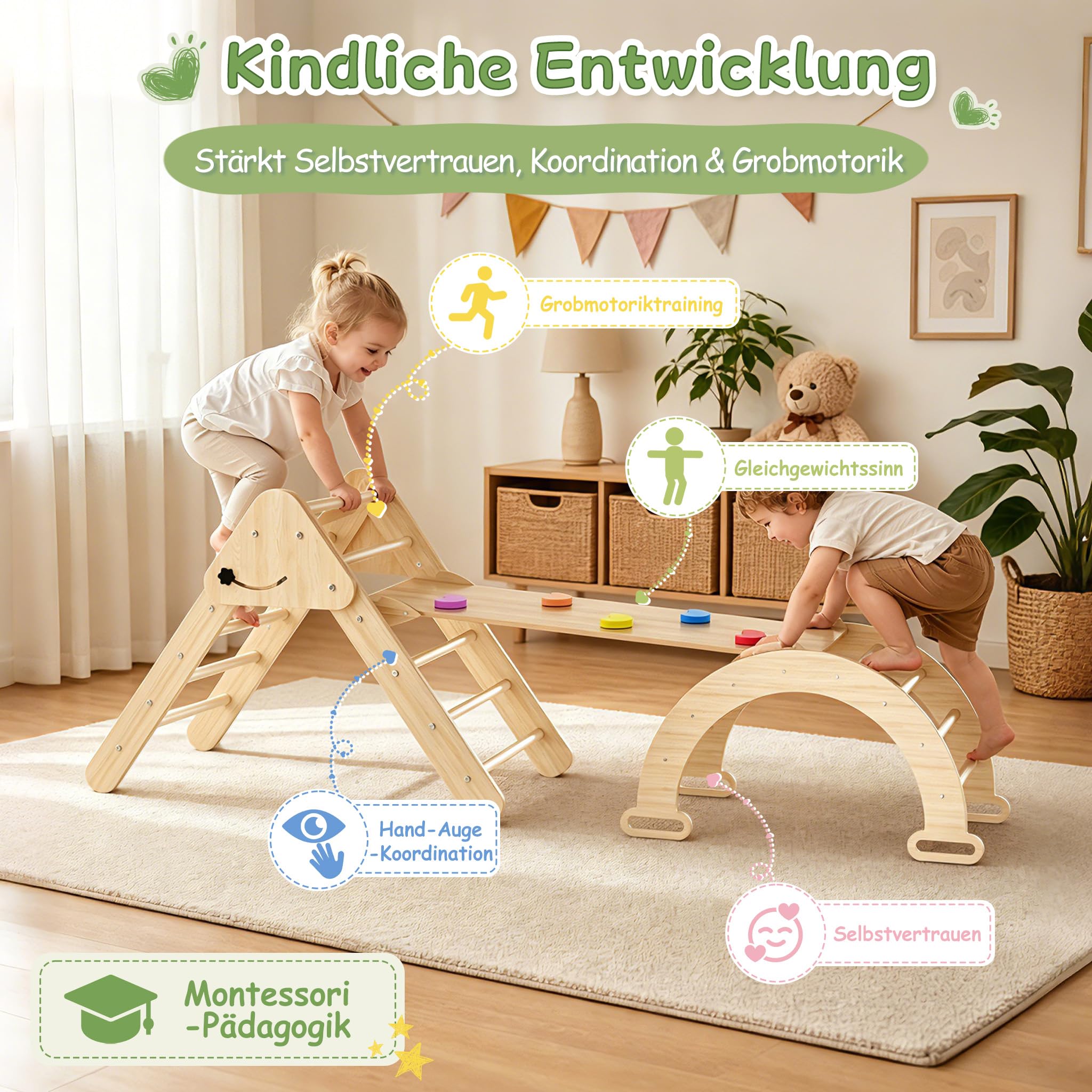 XMTECH Kletterdreieck mit Kletterbogen & Rutsche – 4 in 1 Holz Klettergerüst Indoor, Kletterspielzeug für Kleinkinder 1-3 Jahre, belastbar bis 40 kg, inkl. Kletterbrett & Motorik-Spielgerät