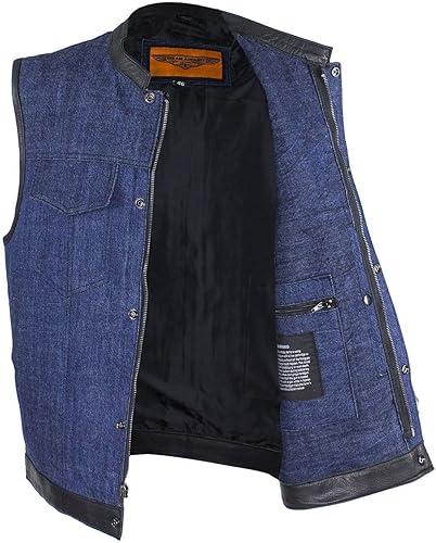 Miniatura 6 de Chaleco de mezclilla para hombre con ribete de cuero, 2 bolsillos para pistola