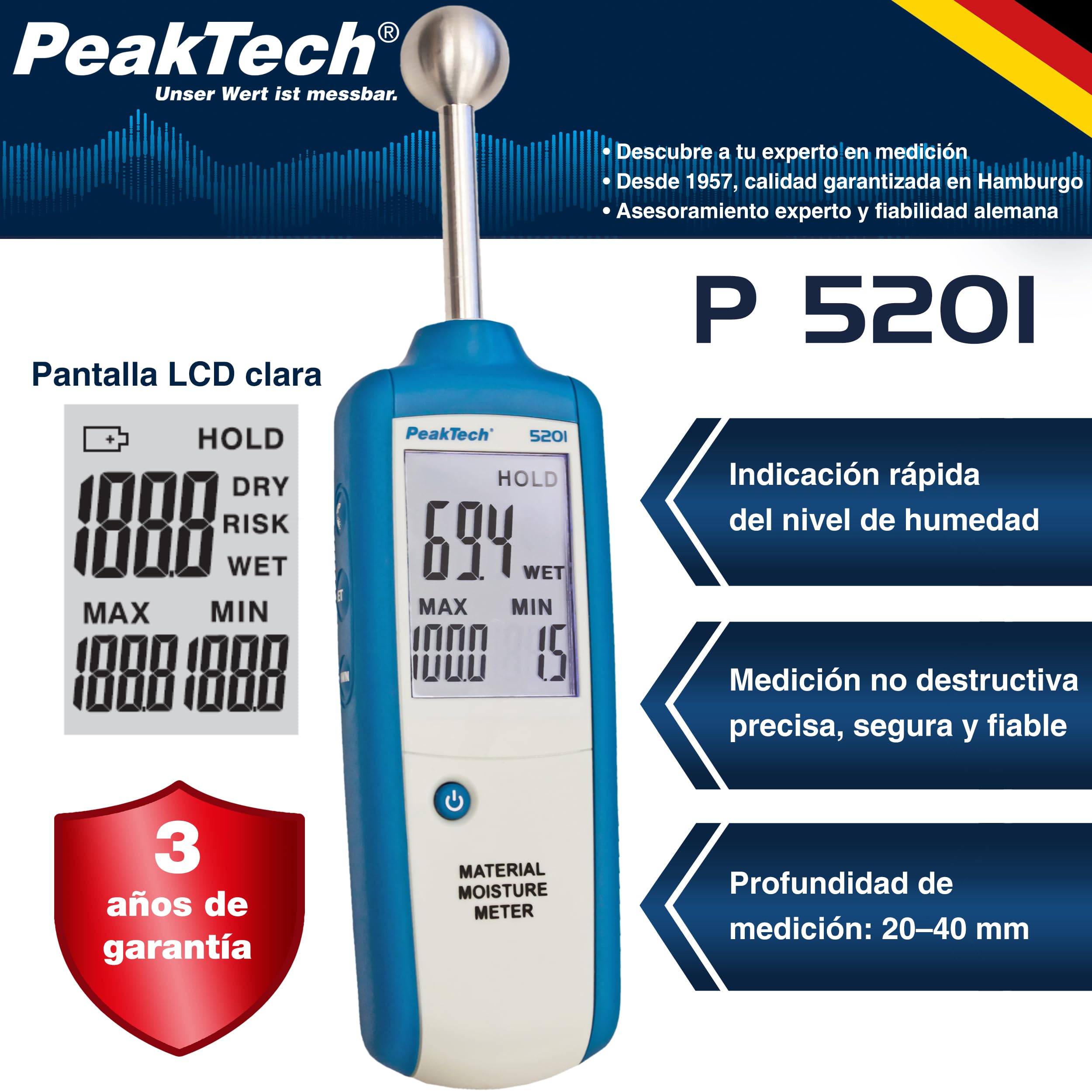 PeakTech 5201 – Indicador de humedad, mampostería, profundidad de medición: 20 - 40 mm