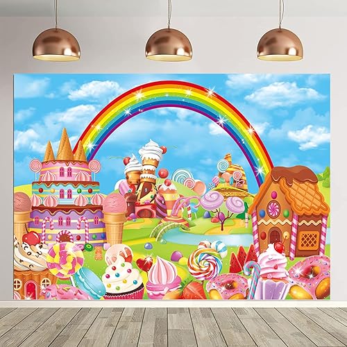 BUTEN Candyland - Telón de fondo de fiesta temática de dibujos animados de arco iris, piruleta, dulce dona, helado, fondo de fotografía para niños y
