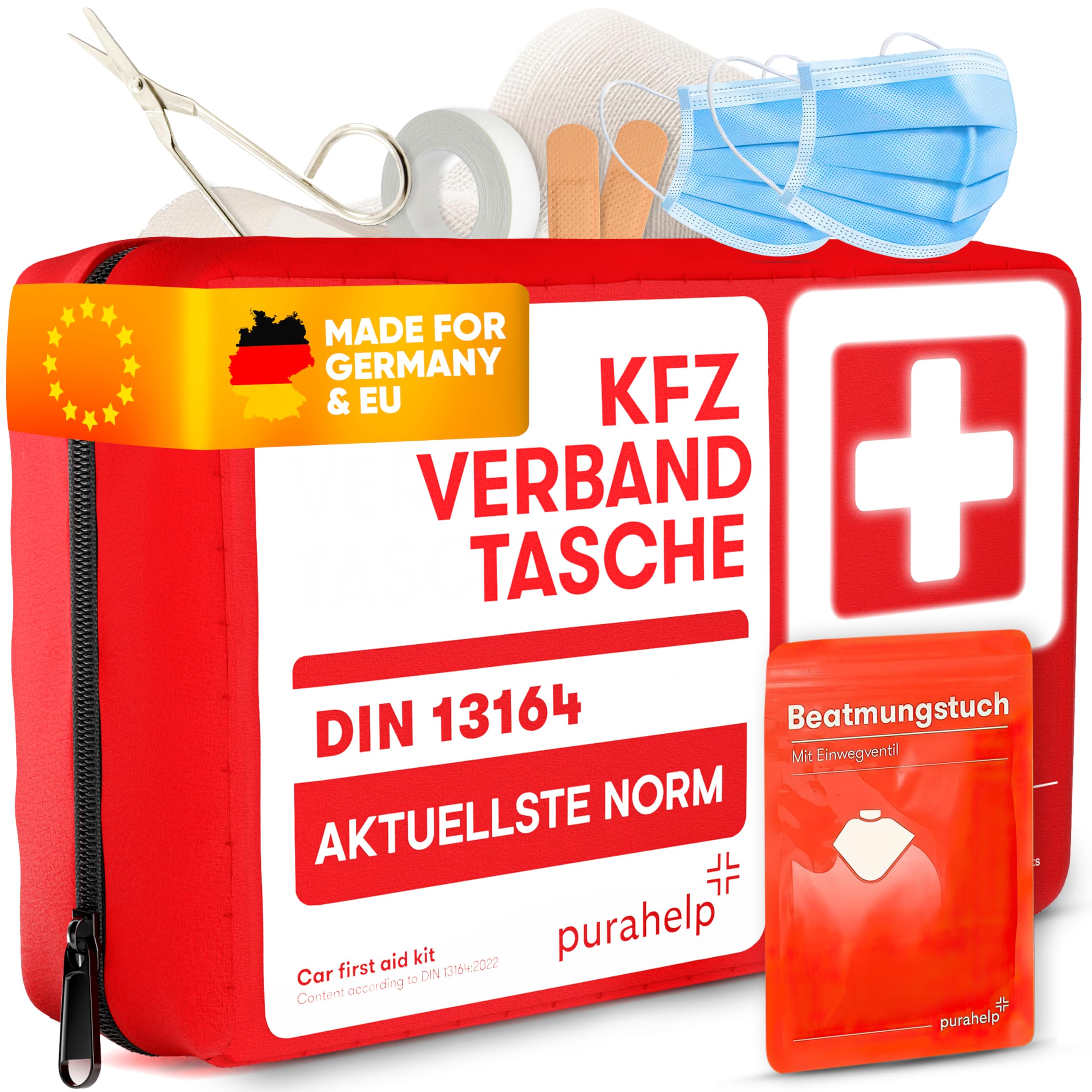 PURAHELP® Verbandskasten Auto inkl. Beatmungstuch [DIN 13164] - Erste Hilfe Set Auto StVO Konform für 2026 - KFZ Verbandskasten & Sanikasten Unterwegs - Notfallset Kompakt - First Aid Kit Car