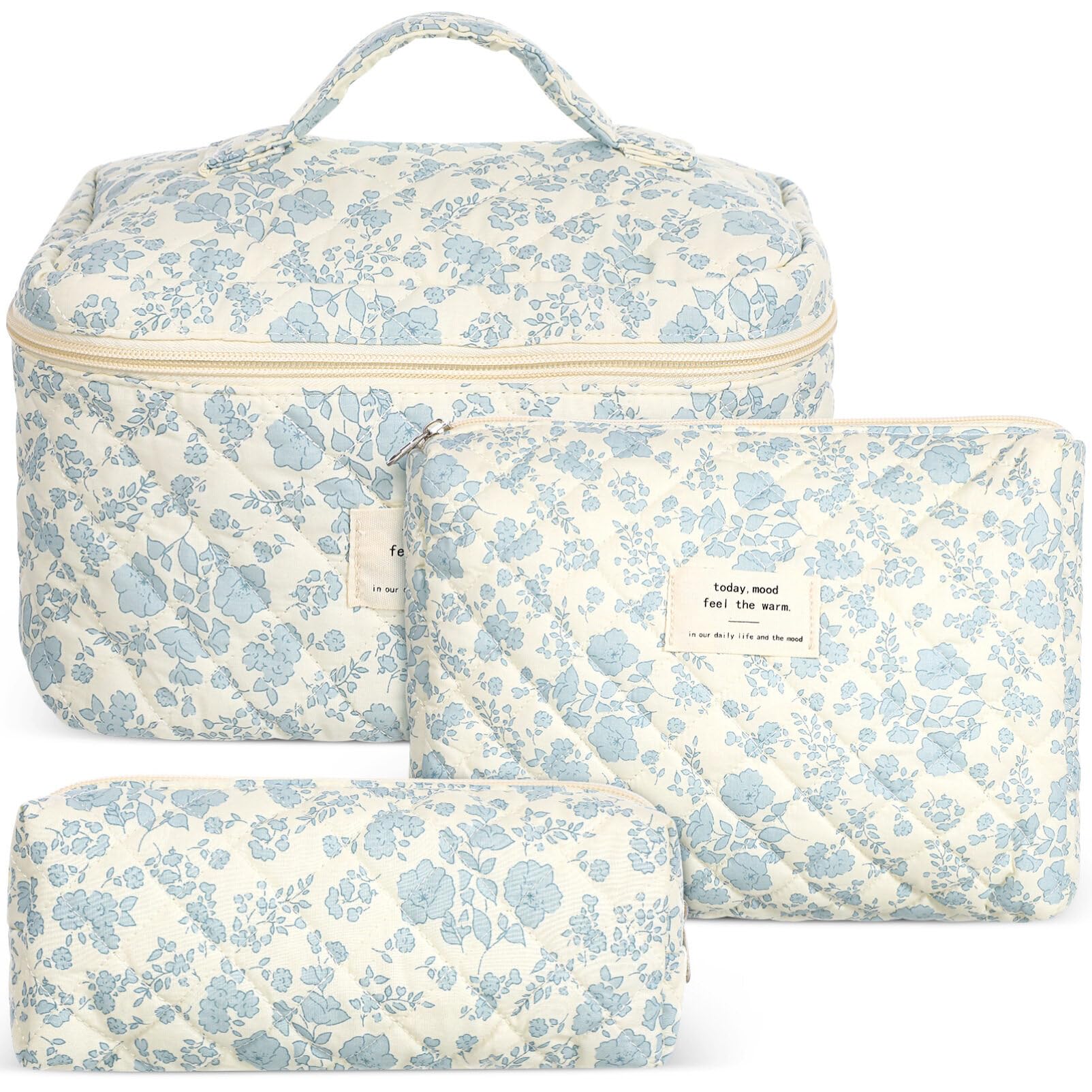 USHOBE 3PCS/SET Makeup Cosmetic Bag Cotton Quilted Makeup Bag Travel Toiletry Bags Floral Coquette Aesthetic Makeup Bag Set for Women Girls, 24.00X21.00X6.00CM