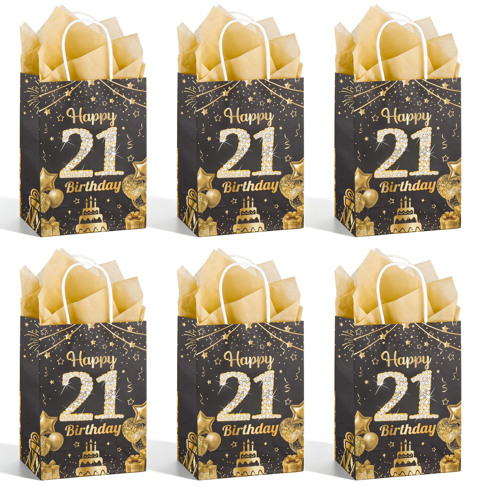 6pcs 21st Birthday Gift Bag, Black Gold Happy 21st Birthday Paper Gift Bag with Handles Tissue Paper, Reusable Party Present Bag for 21 Year Old Boys Girls, 20x15.7x9cm
