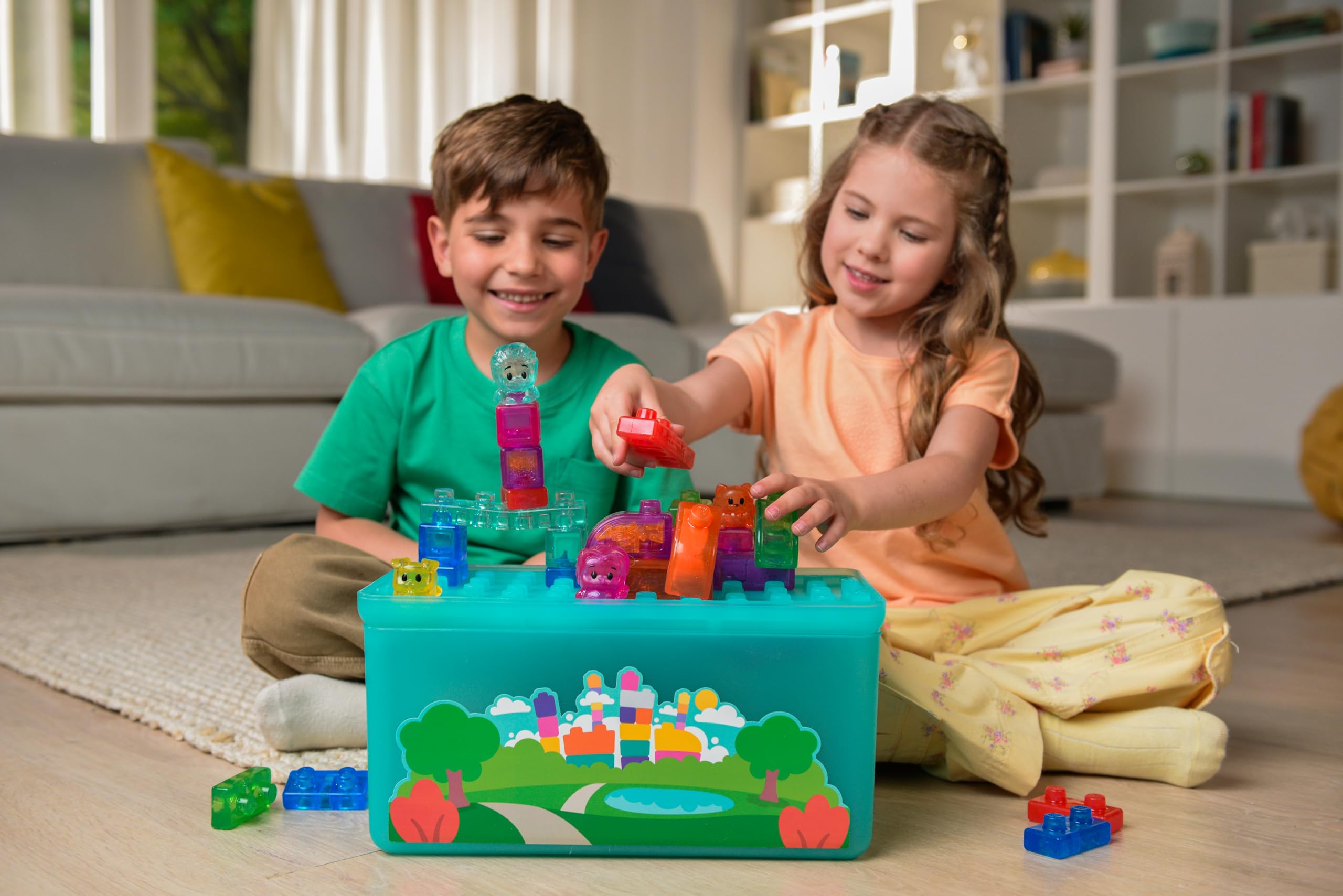 Goliath Jelly BLOX – Playground Store & Play Set | Juego de construcción sensorial 2+ | 30 Bloques Blandos y Coloridos con Personajes y Animales | Tapa-Tablero, Caja de almacenaje | Idea Regalo