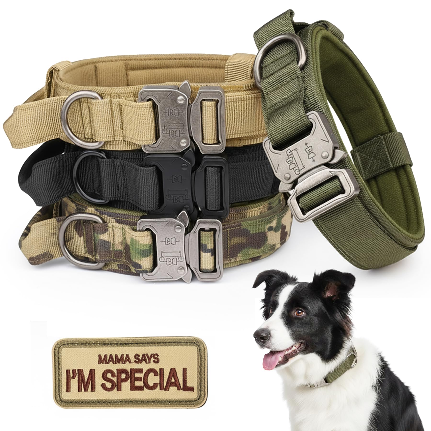 KCUCOP Tactical Dog Collar with Handle,Adjustable Military Dog Collar with Metal Buckle and Patches,Heavy Duty Dog Collars for Medium Dogs (Militarygreen-M)