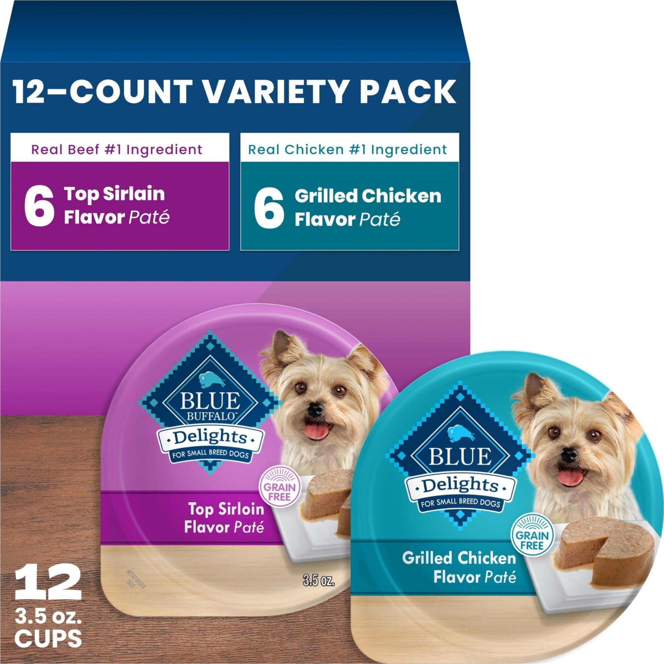 Delights Variety Pack Small Breed Wet Dog Food, 3.5 oz, 12 ct | Top Sirloin & Grilled Chicken (6 of Each), Grain-Free, Pate Style, No Corn, Wheat, or Soy