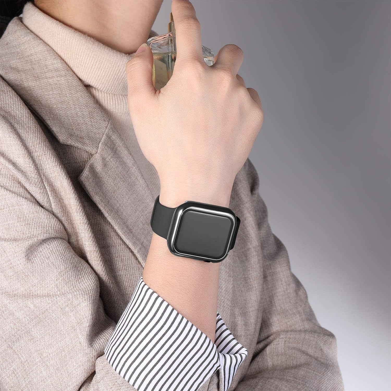 GEAK Case Compatible for Apple Watch 38mm Series 1/2/3 Built-in Screen Protector, All-Around Black Bumper Full Cover Hard PC with Silver Edge for Women Men iWatch 38MM Black/Silver