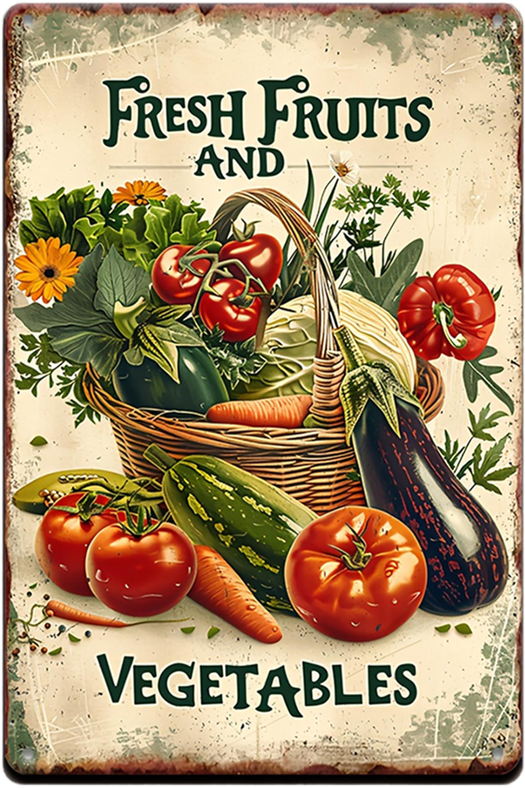Nianxi Fresh Fruits & Veggies Retro Flower Metal Sign,Vintage Garden Tin Sign,For Home Greenhouse Yard Outdoor Cottage Bedroom Decor,Gardening Gifts 8X12 Inch (Fresh Fruits & Veggies)