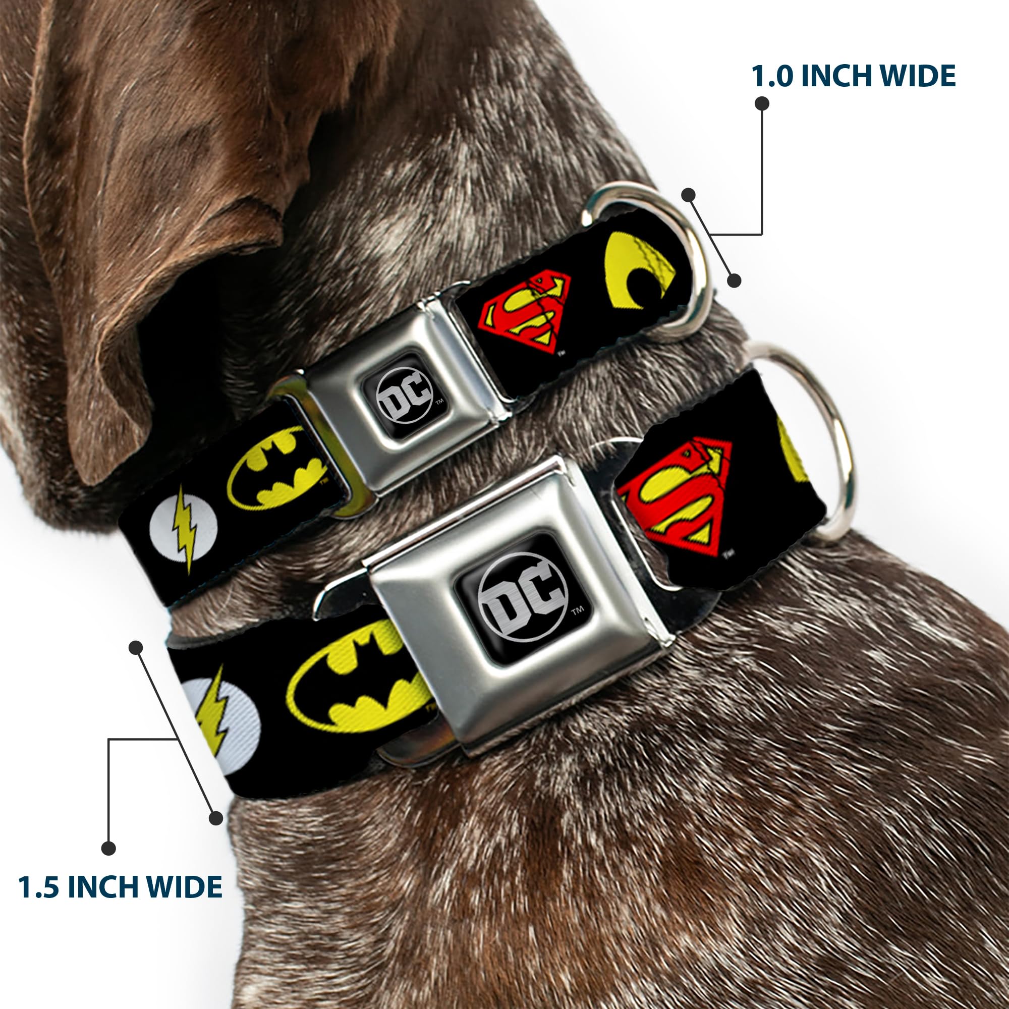 Cinturón de Seguridad para Perro con Hebilla de la Liga de la Justicia 6 Logotipos de superhéroes, Negro de 18 a 32 Pulgadas de Ancho