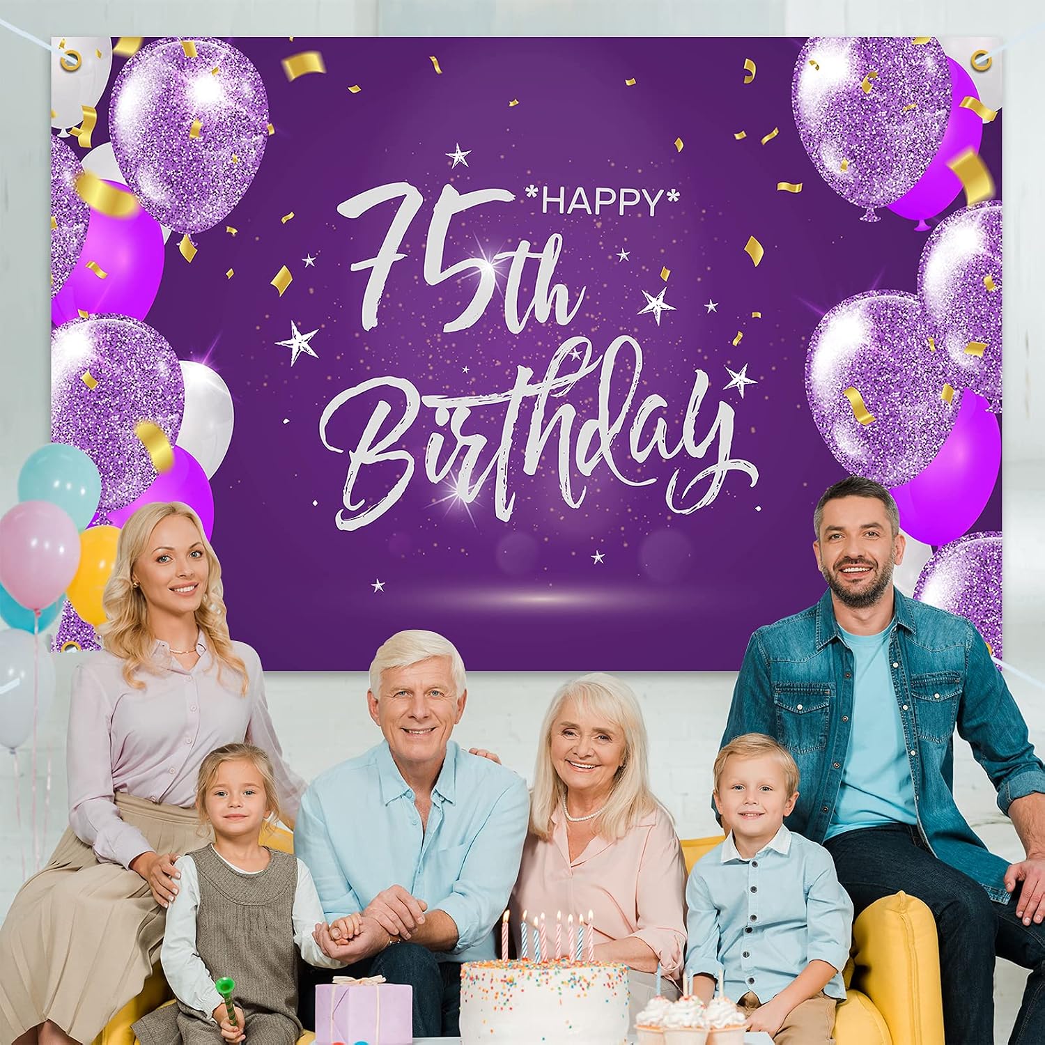 HAMIGAR 6x4ft Happy 75th Birthday Banner Backdrop - 75 Years Old Birthday Decorations Party Supplies for Women - Purple