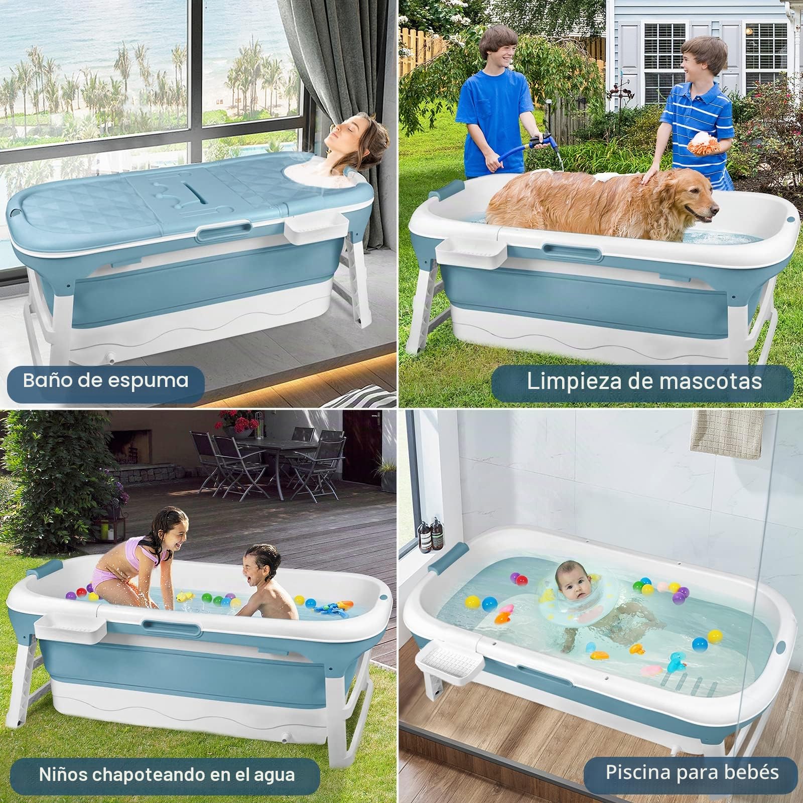 Aufun Bañera Plegable XL 148 x 62 x 53 cm, Ideal para Baño, Ducha y Balcón, con Funda y Rodillos de Masaje, Jabonera, Bañera Portátil de Plástico Grueso - Azul