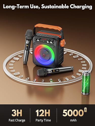 Miniatura 7 de Máquina de karaoke, portátil Bluetooth 5.2 Karaoke con 2 micrófonos inalámbricos, woofer y ajuste de agudos de graves y agudos, altavoz de karaoke