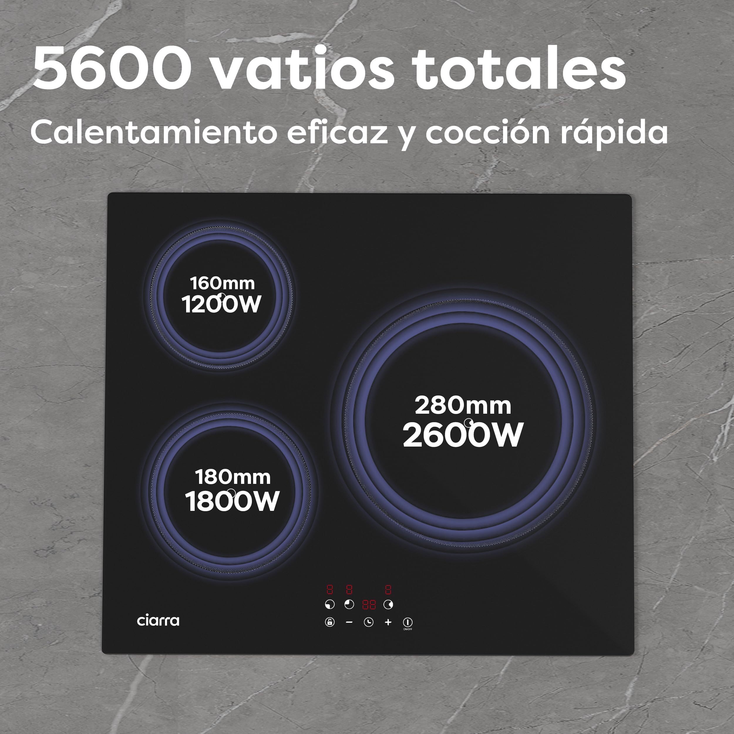 Ciarra CABBIH3-F Placa Induccion, 3 Zonas, Empotrable de 60cm, Temporizador | Bloqueo Infantil, Detector de Recipientes, Limitador de potencia, ideal para hogares con potencia contratada limitada