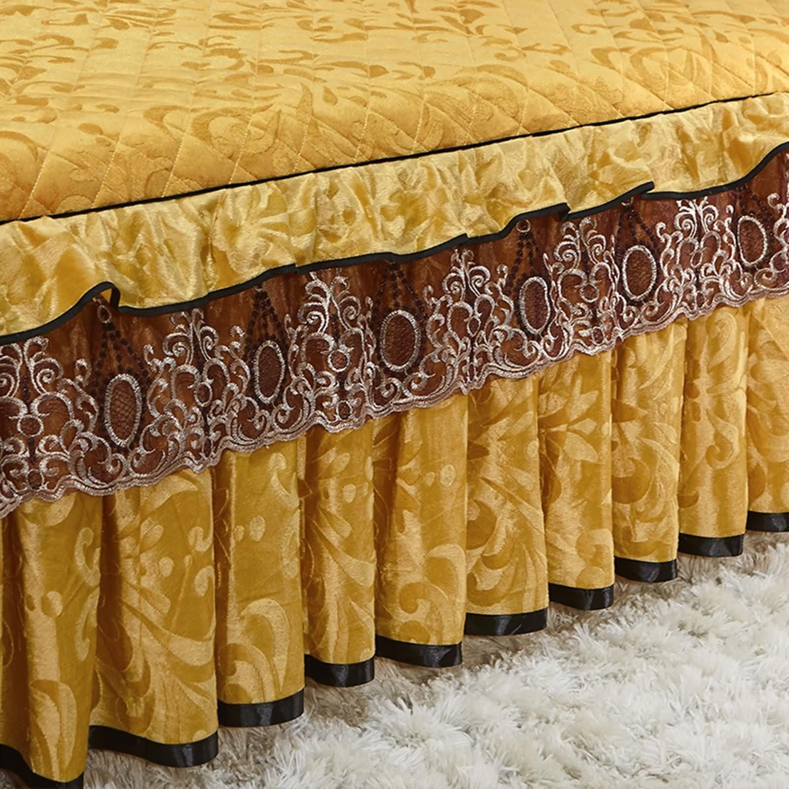 Bajera Elastica,150 x 200 CM,Colcha para Cama Matrimonio Terciopelo Patrón de Hoja con Encaje Bordado Sabanas Cama Bajeras Ajustables Amarillo