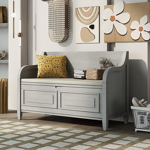 Merax Banco de almacenamiento con 2 gabinetes, banco de almacenamiento multifuncional de madera maciza de estilo rústico con bisagra de seguridad,