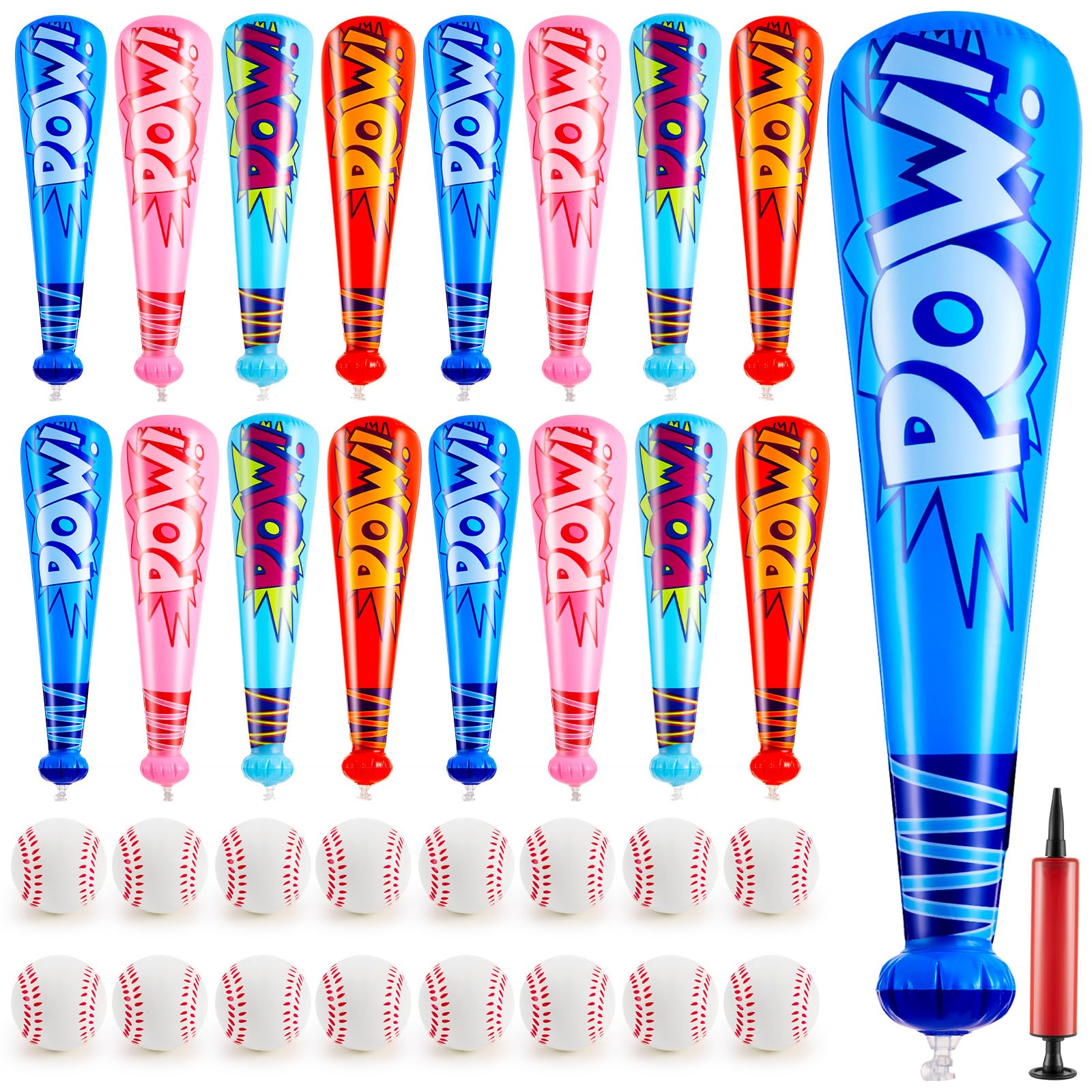 Seematn 16 Sets Inflatable Baseball Bats and Baseballs Set Includes 17 Inch Pow Inflatable Baseball Bats and 2.5 Inch Mini Foam Baseballs for Sports