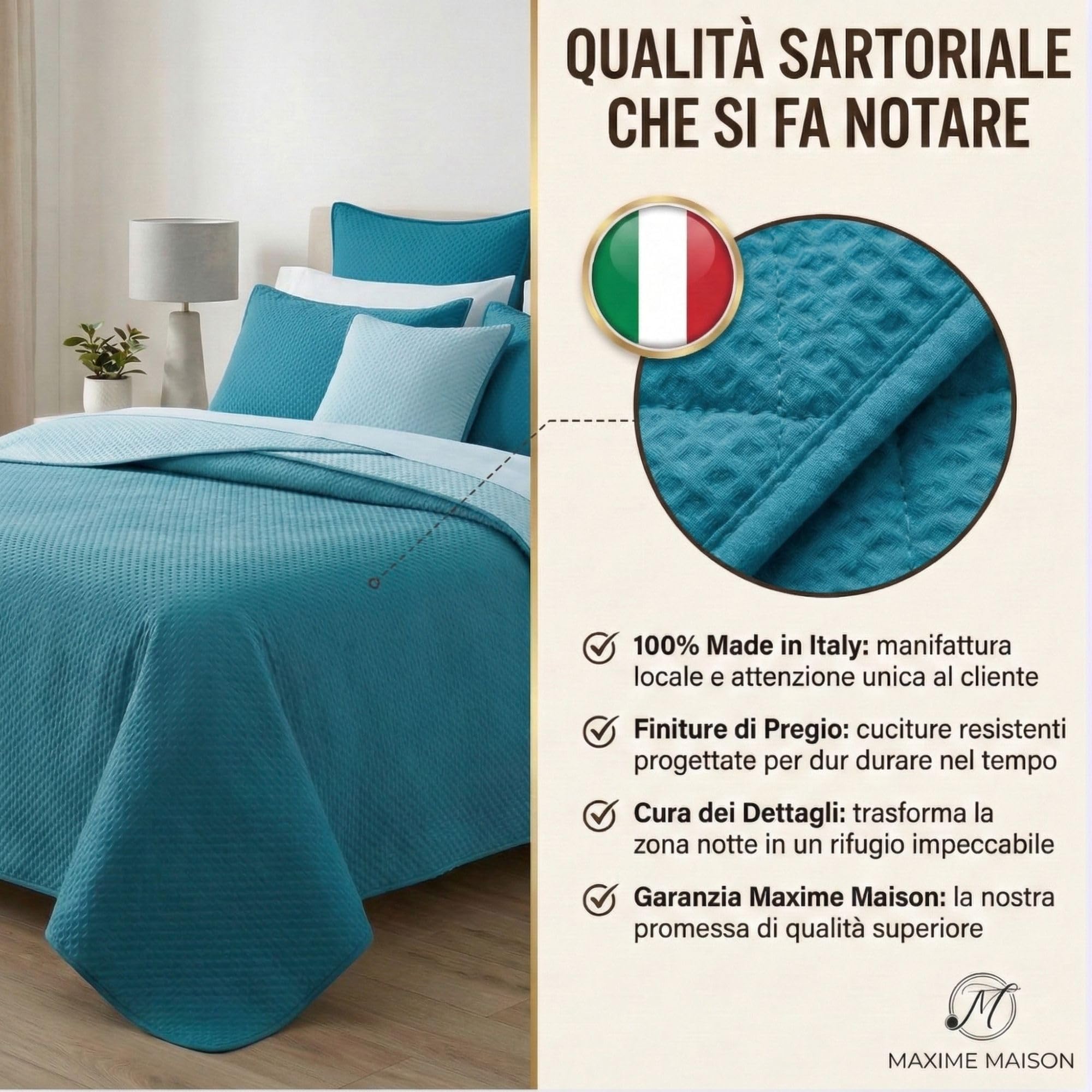 MAXIME MAISON - Trapuntino Una Piazza e Mezza per la Mezza Stagione ti Accompagnerà dalla Primavera all'Autunno, Copriletto Estivo da 100gr/mq, in Morbida Microfibra Leggera (Oceano) - 2