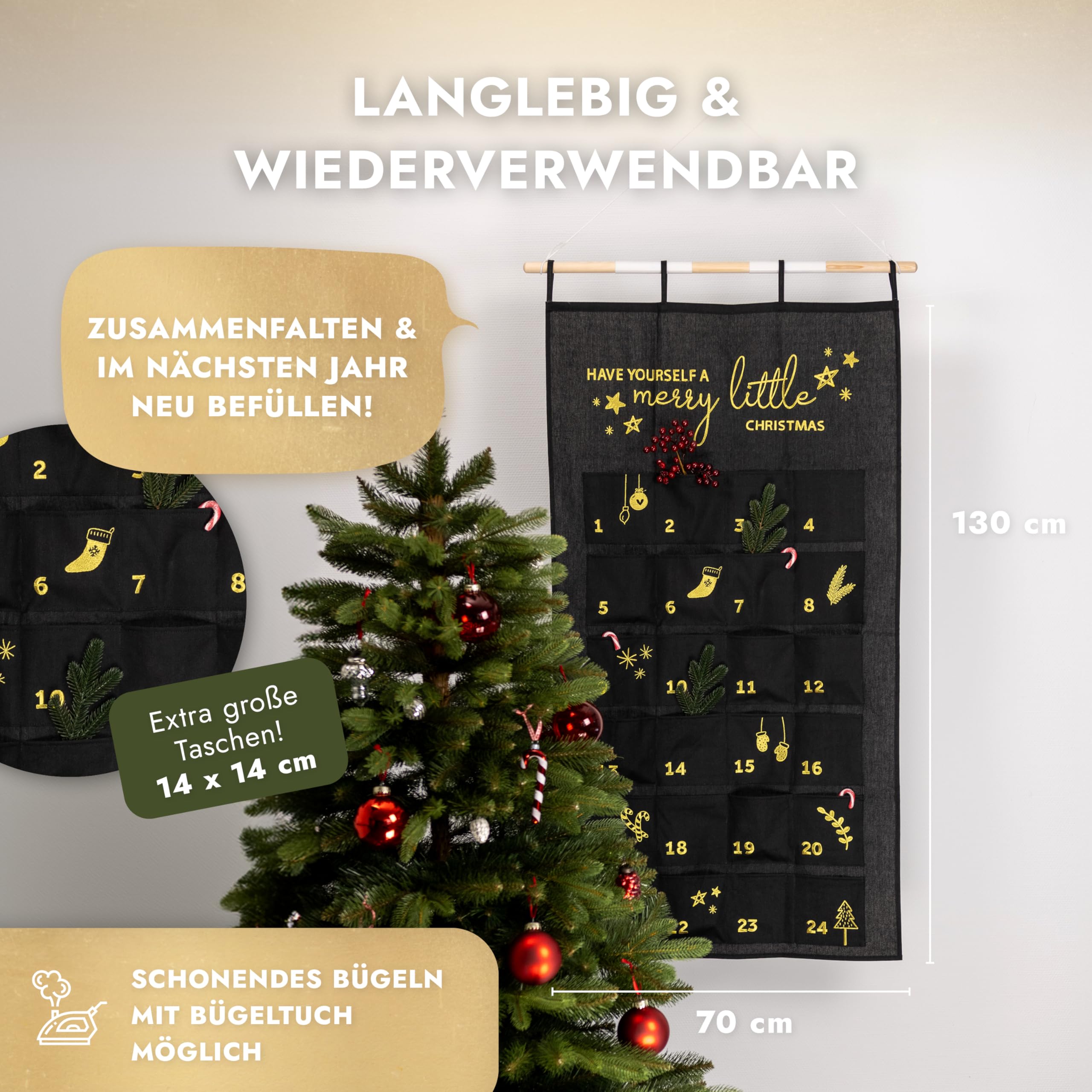 Adventskalender om te vullen 2025, stoffen kerstkalender voor kinderen 123 x 71 cm, wandkalender om op te hangen met 24 zakjes, herbruikbare stoffen zakjes voor geschenken, snoep, decoratie