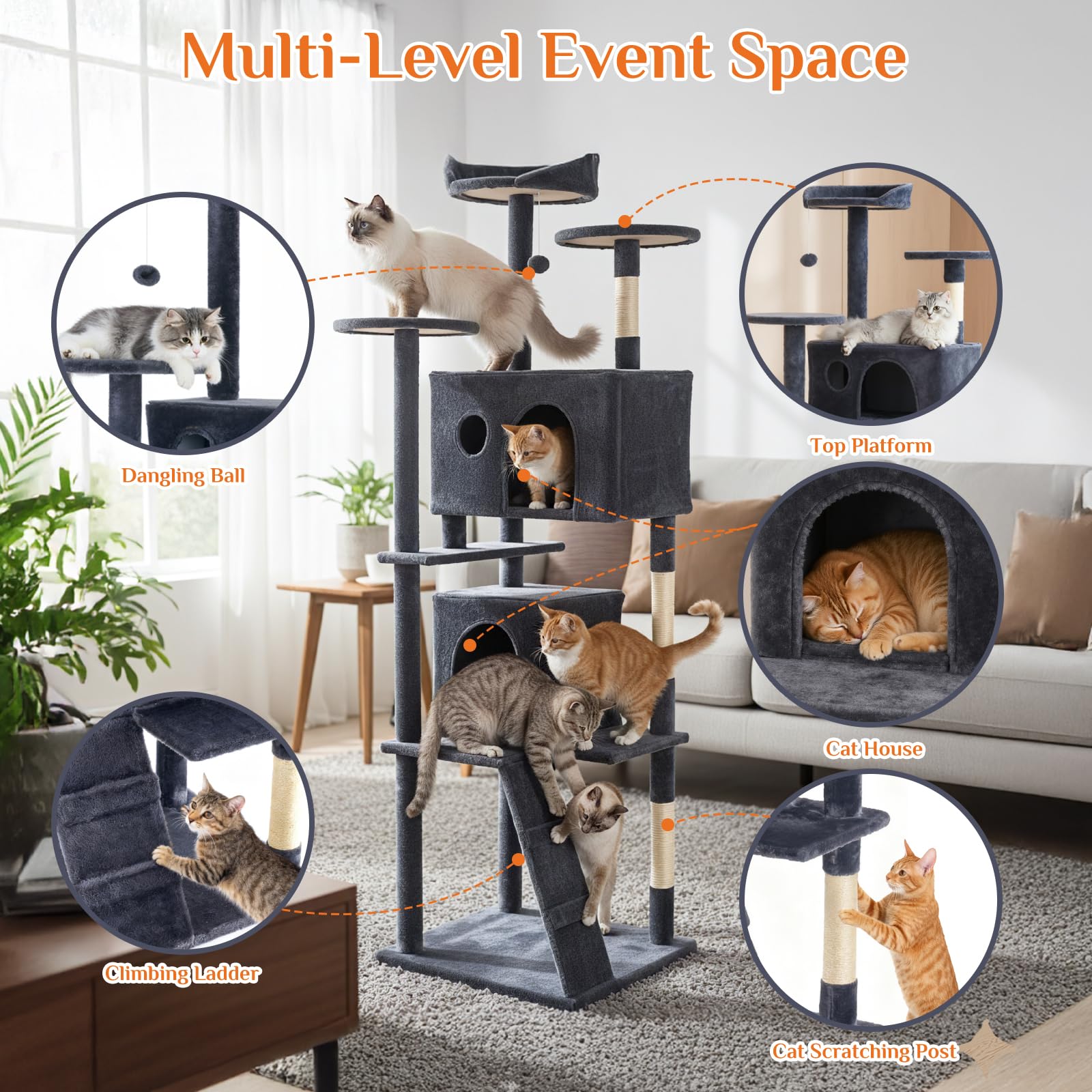 Sweetcrispy 63 inch Cat Tree Tower, Large Multi Level Cat Climbing Tower with Condo, Natural Sisal Scratching Posts, Extended Platform, Hammock, Pet House for Indoor Cats and Kittens Play, Grey: Dark Grey 70IN