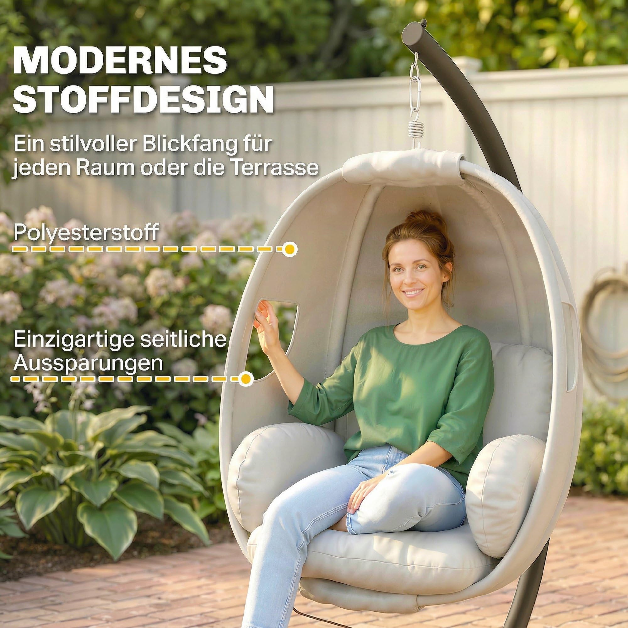Outsunny Hängesessel mit Gestell Faltbarer Hängekorb 120 kg Hellgrau | Dicke Sitzpolster, Verstellbare Höhe, Sicherheitsgurt, Eiförmige Hängeschaukel, Schaukelsessel, Indoor Outdoor Garten