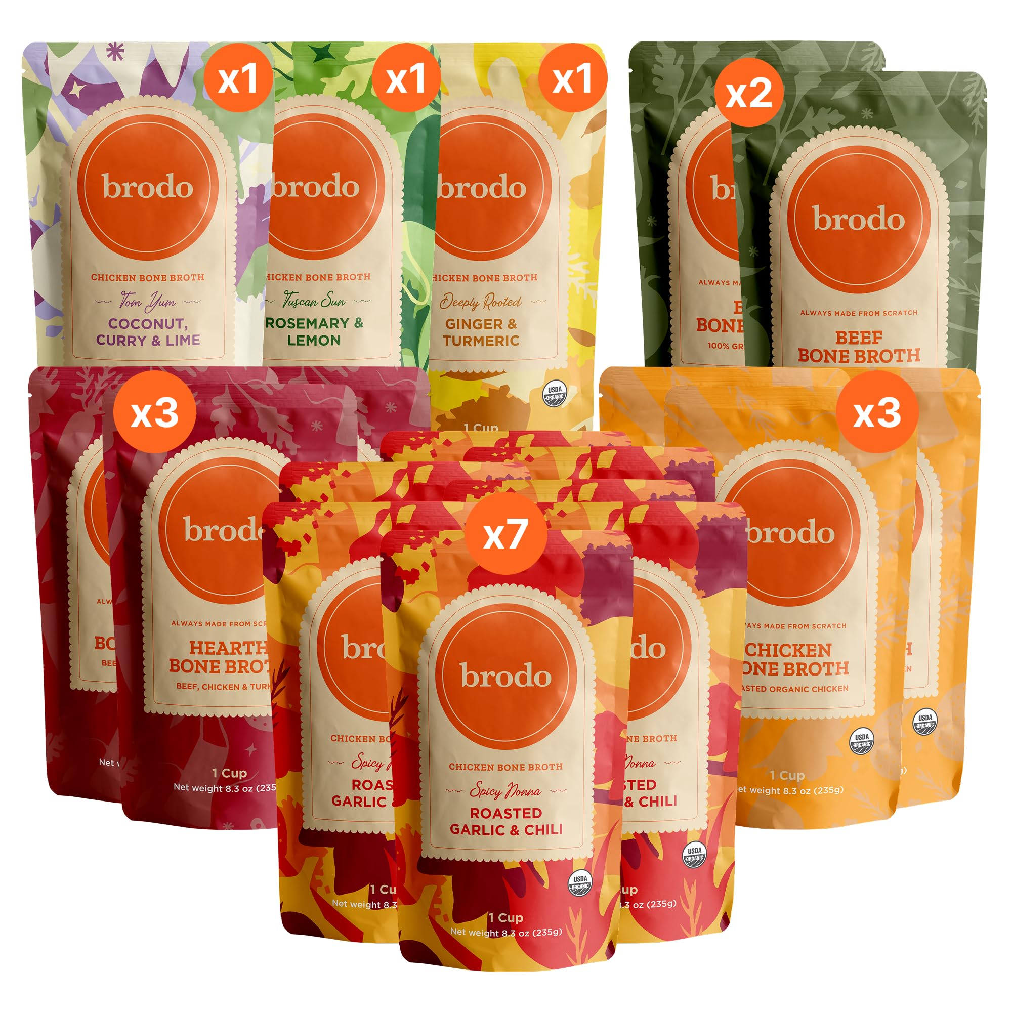 Brodo Bone Broth Bundle, Variety, Classic, and Spicy Nonna Packs, 8.3 oz (18 Cups Total)