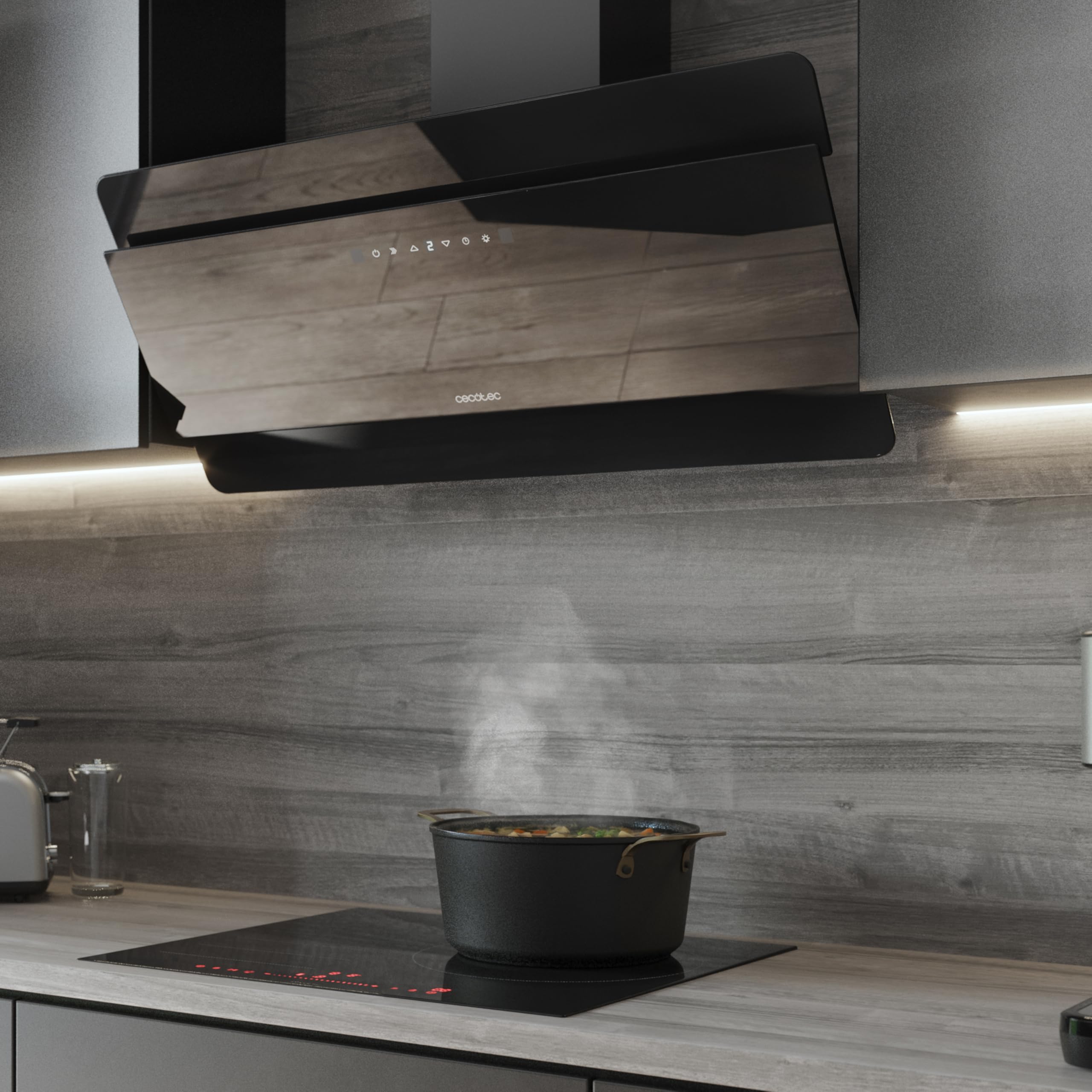 Cecotec Hotte aspirante Bolero Flux DT 908000 Glass Black A++ 90 cm, façade en verre noir, 800m3/h, 210W, A++, éclairage LED, contrôle tactile, 3 niveaux + Booster, filtre charbon.