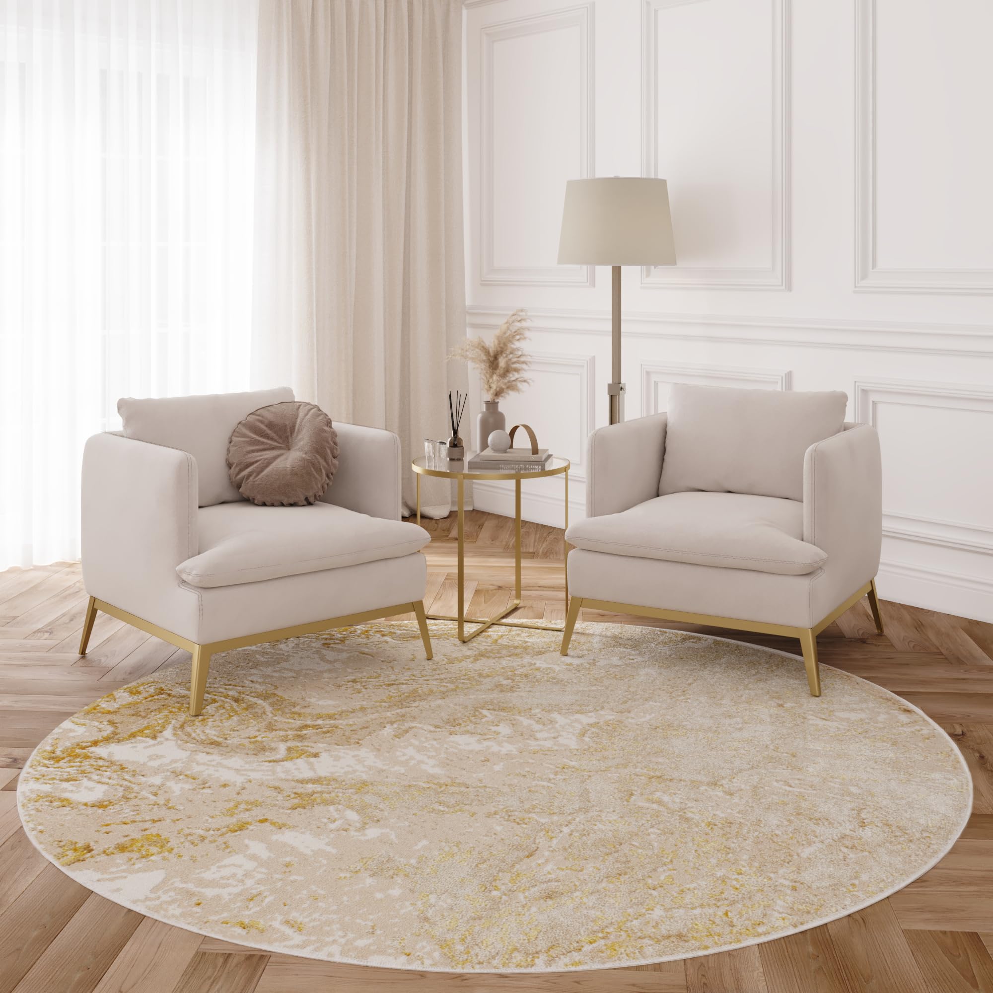 TAPISO Okrągły dywan z krótkim włosiem, błyszczący, beżowy, złoty, efekt 3D, do salonu, sypialni, nowoczesny design, Öko-Tex 200 x 200 cm