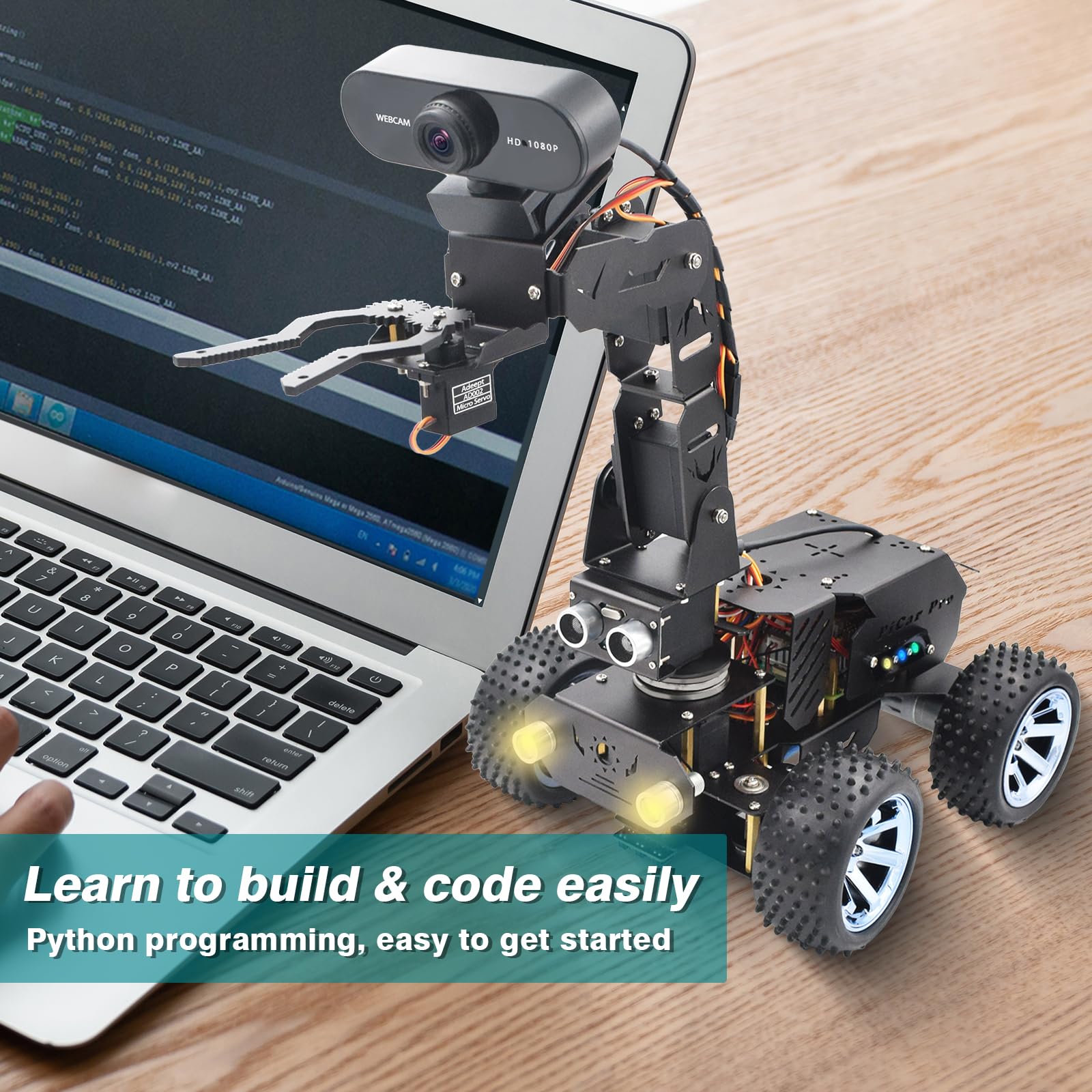 Adeept Zestaw robotyki PiCar Pro V2 (Raspberry Pi nie jest wliczony w cenę), 4 DOF ramię robota inteligentny samochód dla Pi 5/4/3, kamera HD 1080P, OpenCV, zapobieganie przeszkodom, śledzenie linii