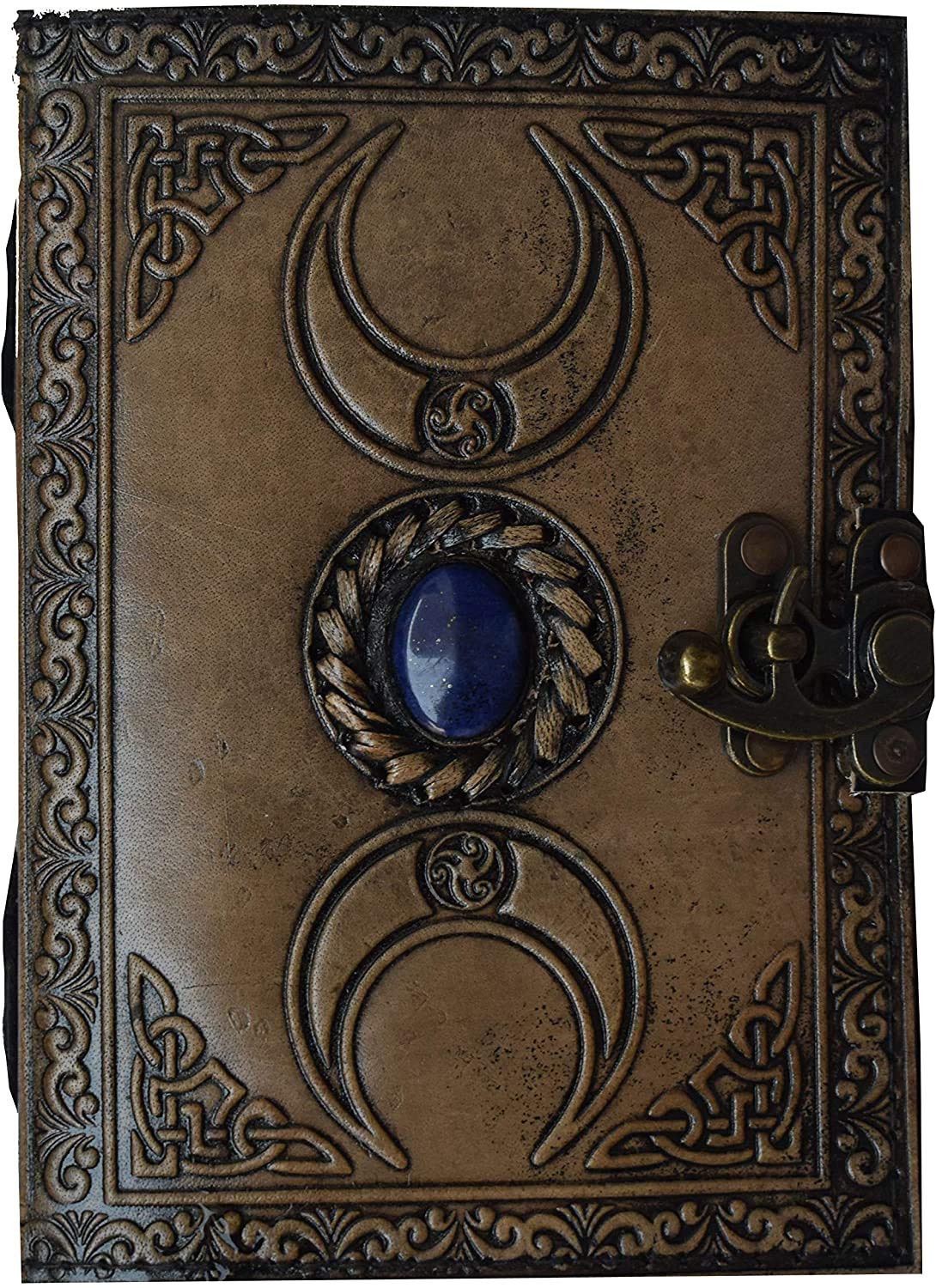 Handgefertigtes Vintage-Leder-Tagebuch mit handgefertigtem Papier, Drittes Auge, Stein, Tagebuch, antiker blanko, Wicca-Notizbuch, Dreifachmond, Grimoire-Tagebuch, 17.8 x 12.7 cm