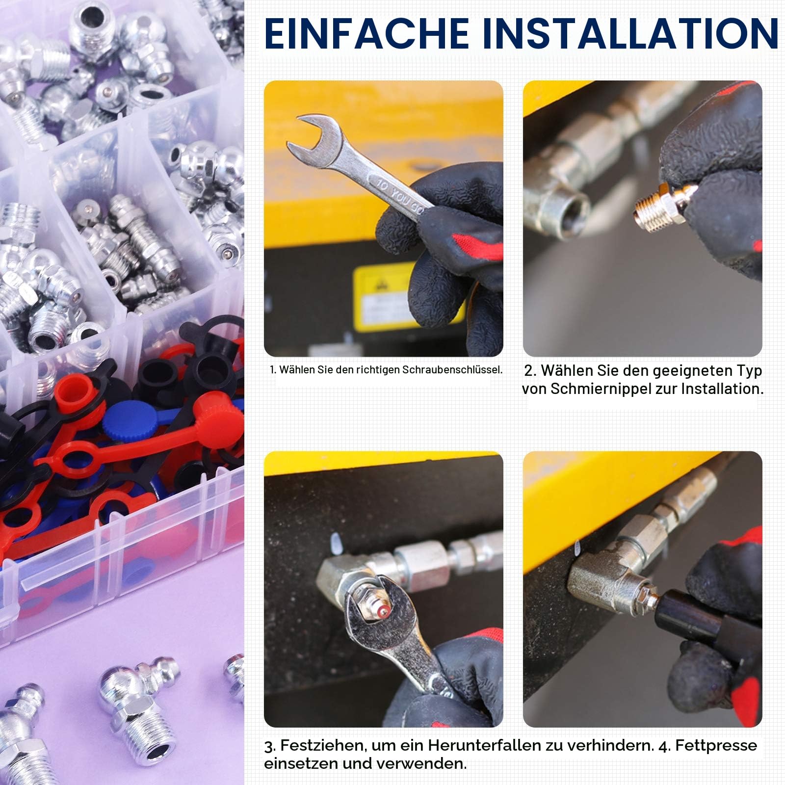 Swpeet 246 Stück SAE & Metrisch Fettnippel Sortiment Kit, Hydraulische Fettbeschl ge Standard mit Kunststoff Fettfitting Kappe,1/4 Zoll, 90 Grad, 45 Grad Winkel led Fett Zerkn s