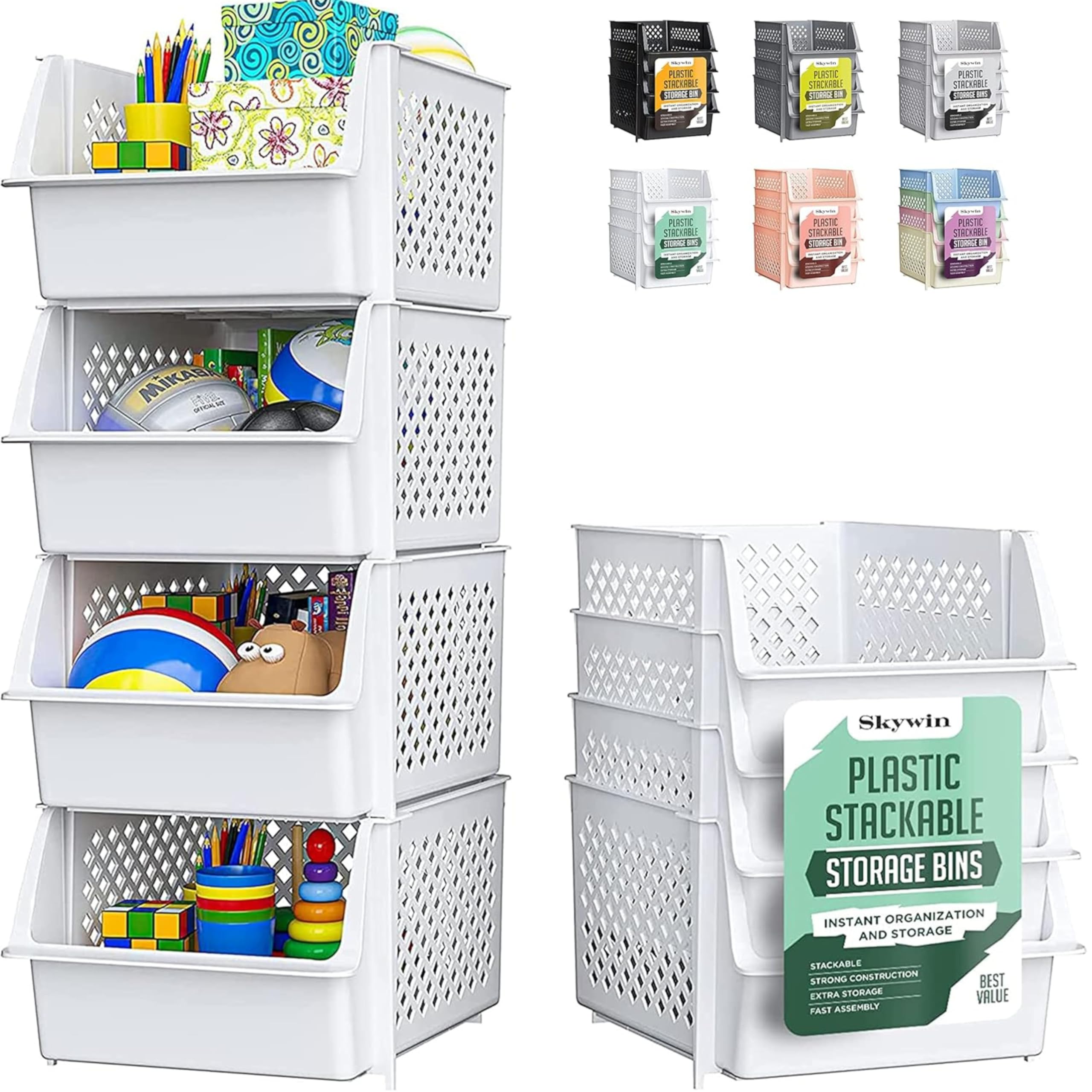Skywin Contenitori Impilabili Set Da 4, Apertura Frontale | Organizer Dispensa Con Apertura Frontale, Ceste In Plastica Impilabili, Set Da 4, Per Cucina E Garage