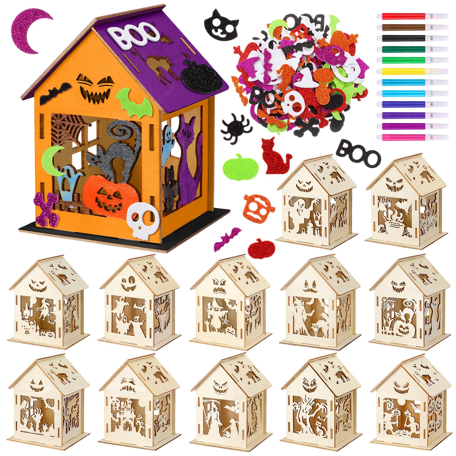 Photo 1 of Cinnvoice 12 Sets Wooden Thanksgiving Halloween Houses Fall Graffiti Crafts Pumpkin Wood House Ghost Table Decor 12 DIY Unfinished Craft Kit 12 Watercolor Pens 100 Foam Stickers(Halloween Style)