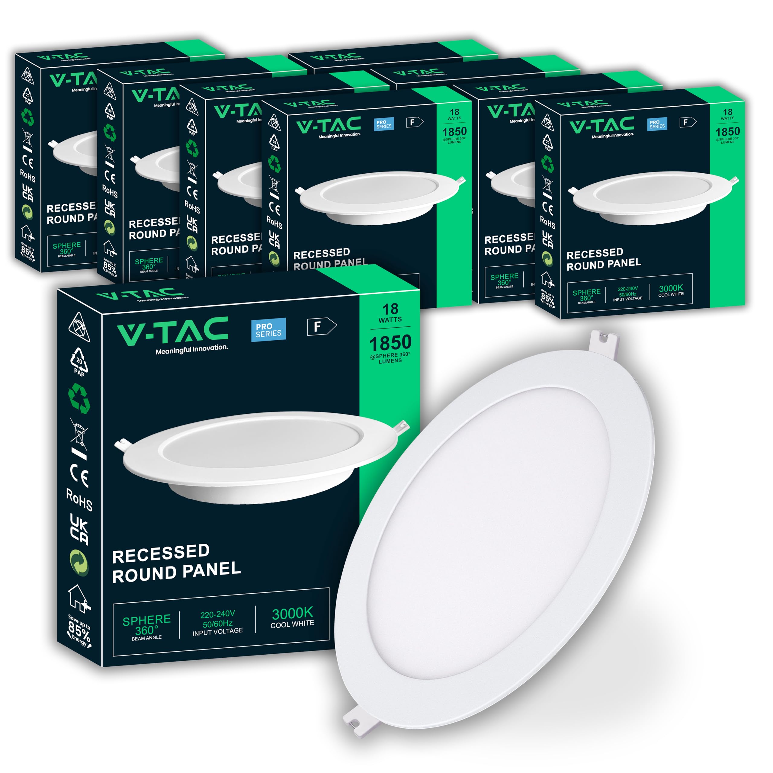 V-TAC 8x Faretti LED da Incasso Rotondo 6W - PRO SERIES - Diametro 120 mm - 660 Lumen - IP20 - per Soffitto, Casa, Cartongesso - Mini Pannello - Lampada - Foro 107-112mm - Luce Fredda 6500K