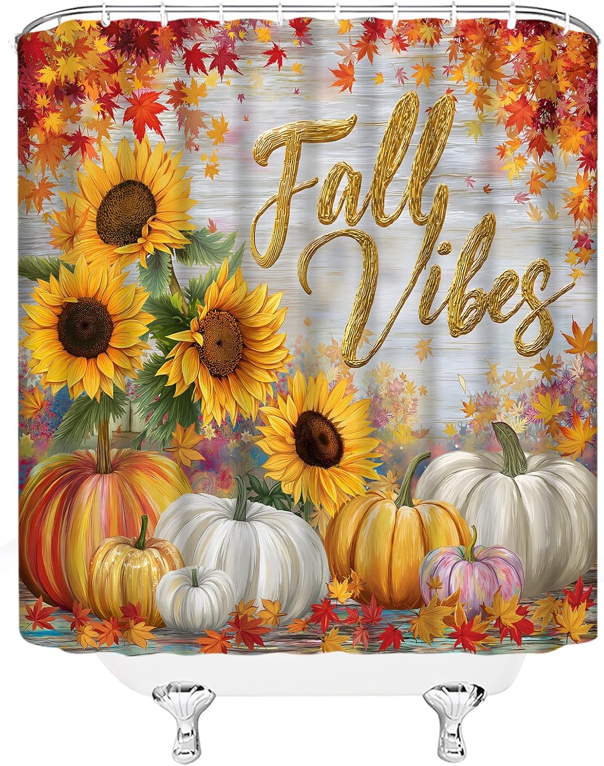 Fall Shower Curtain Autumn Pumpkin Sunflower Maple Leaves Thanksgiving Rustic Farmhouse Harvest Seasonal Watercolor Modern Bathroom Curtain Fabric with Hooks(90" Wx70 H)