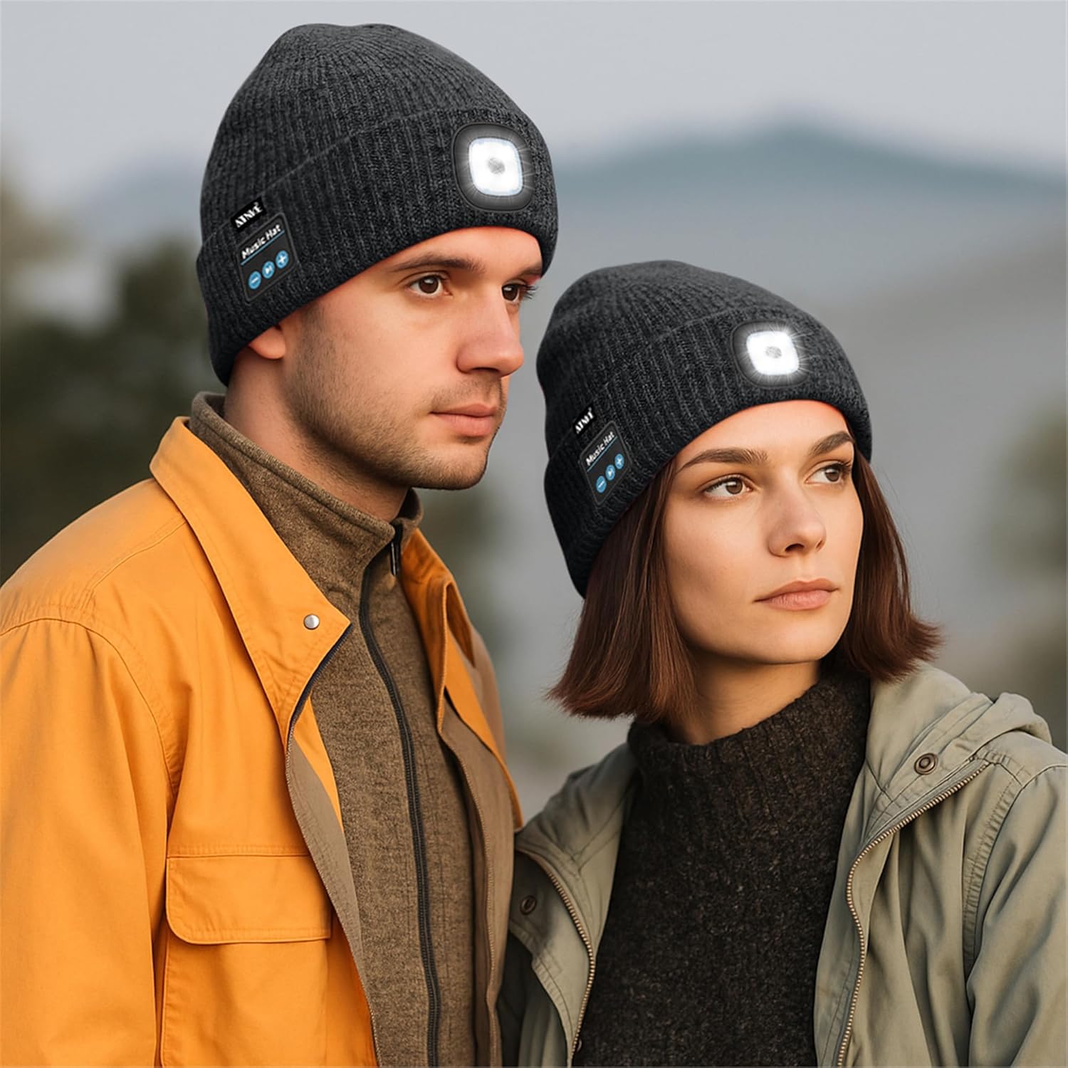 ATNKE LED Lighted Bluetooth Lined Fleece Beanie Hat, USB Rechargeable 4 LED Wireless Run Headlamp Cap for Men and Women