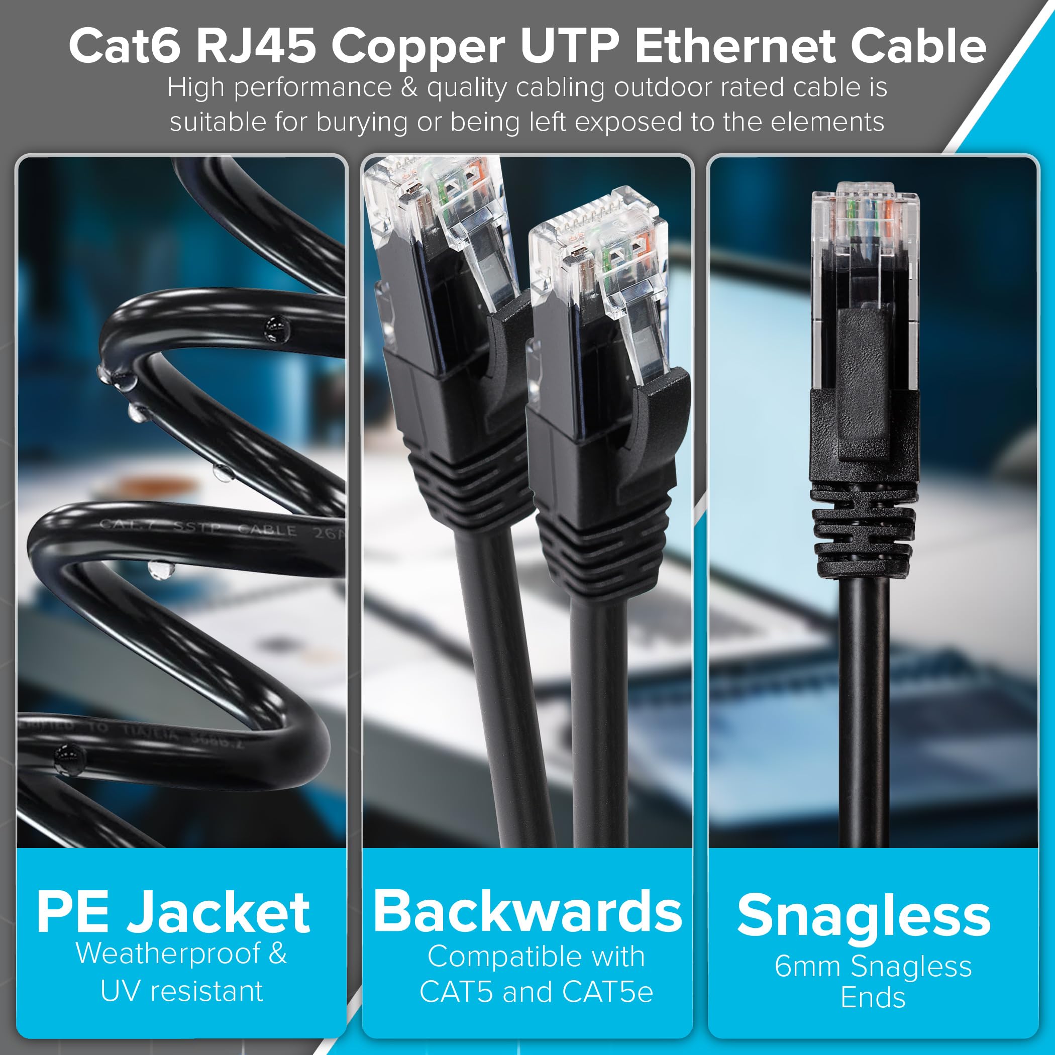 Maplin Câble Ethernet extérieur de 30 m noir, câble réseau LAN Gigabit CAT6 RJ45 en cuivre UTP compatible avec ordinateur portable, PC, vidéosurveillance, PS4/5, Xbox, Switch, modem, routeur, Smart