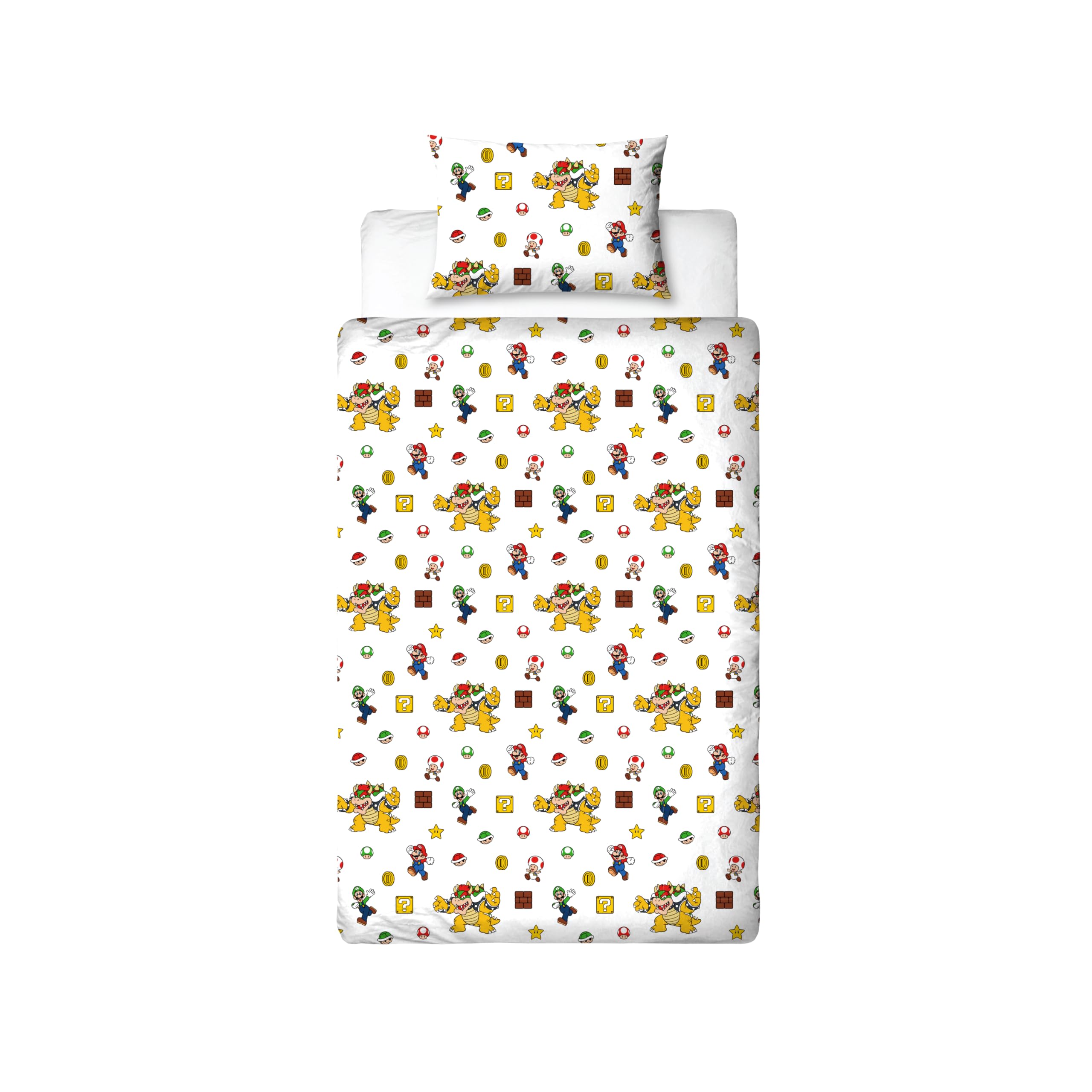 Nintendo Super Mario - Juego de Funda de edredón Oficial para Cama Individual con diseño de Mario, Luigi y Bowser | Funda de Cama Reversible Negra de 2 Caras, Producto Oficial Incluye Funda de